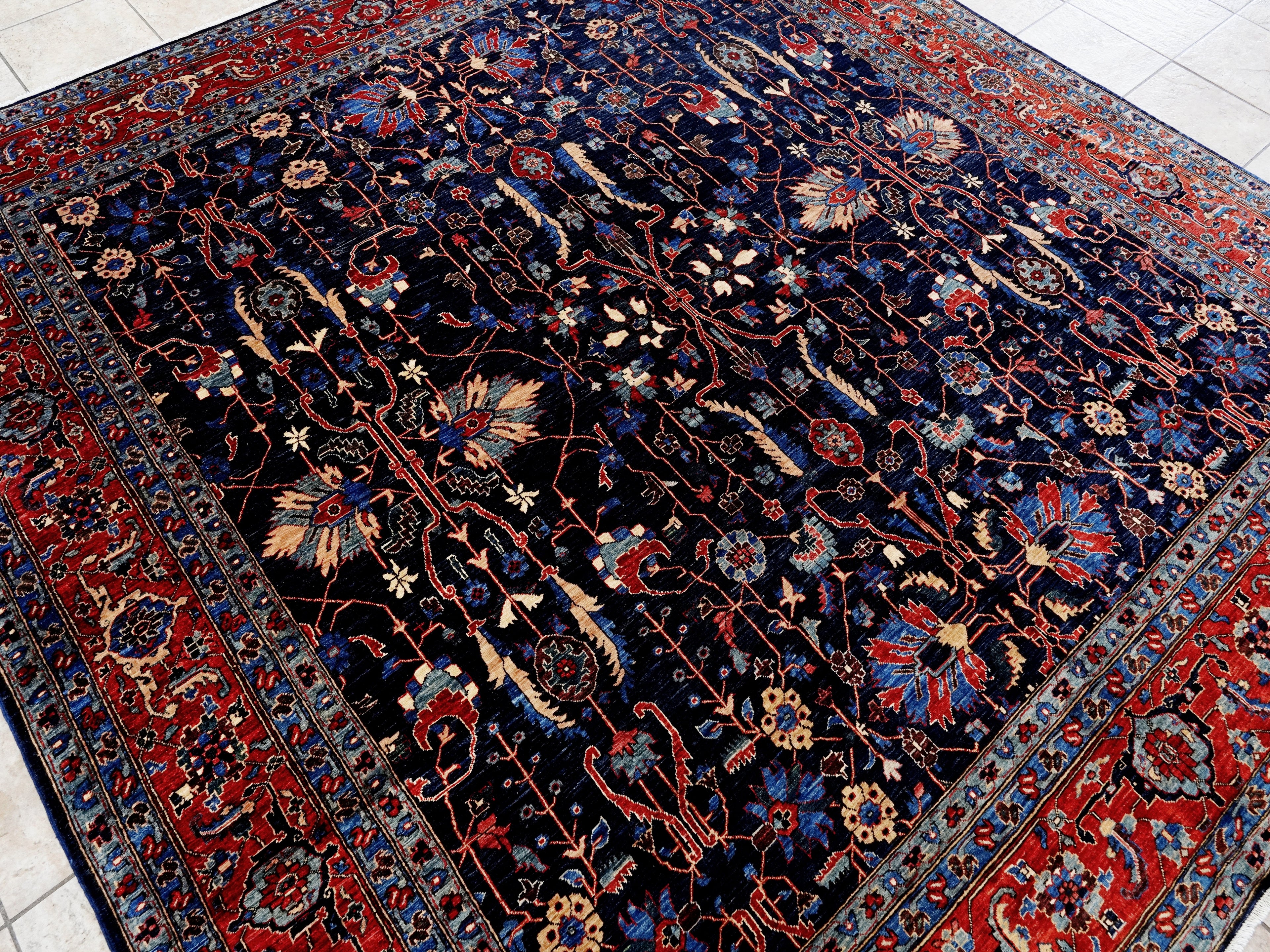 8x8 Ft Dark Blue Floral Rug - Traditional Hand Knotted Afghan Rug