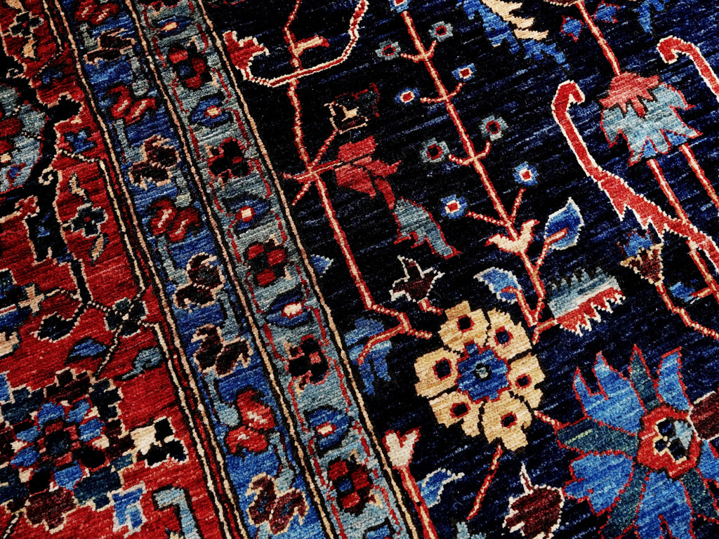 8x8 Ft Dark Blue Floral Rug - Traditional Hand Knotted Afghan Rug