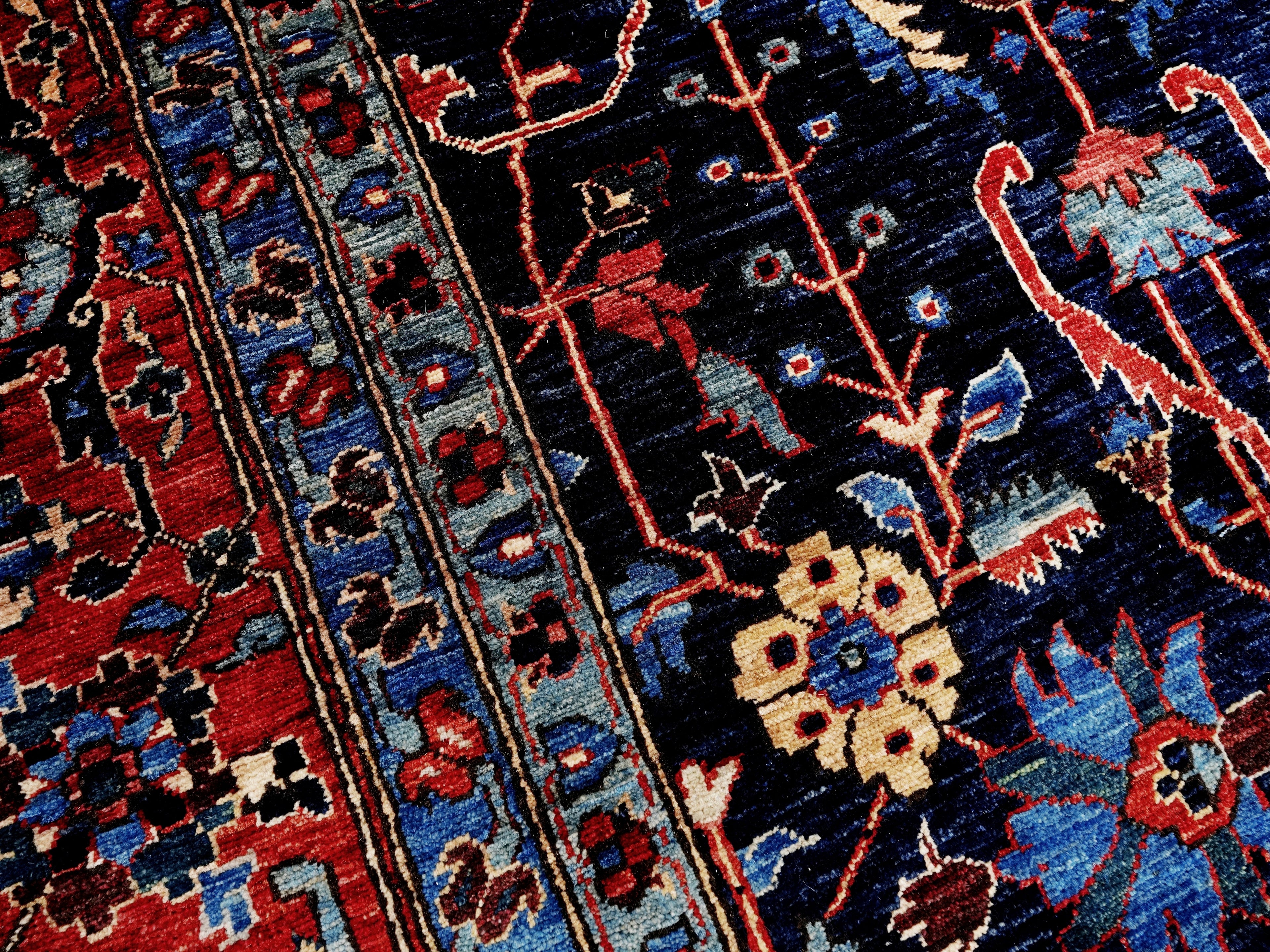 8x8 Ft Dark Blue Floral Rug - Traditional Hand Knotted Afghan Rug