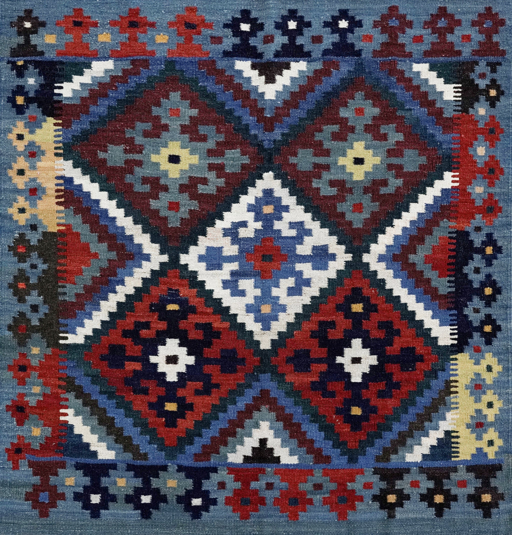 4x4 Ft Blue Square Killim Rug - Afghan Handwoven Flatweave