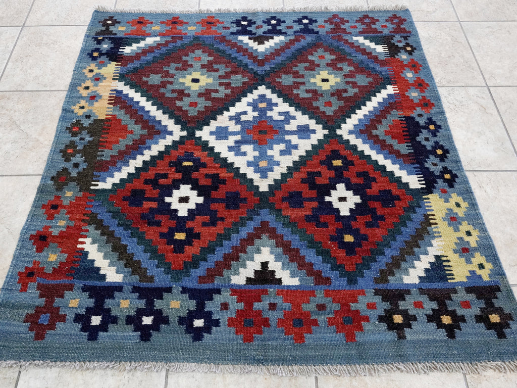 4x4 Ft Blue Square Killim Rug - Afghan Handwoven Flatweave