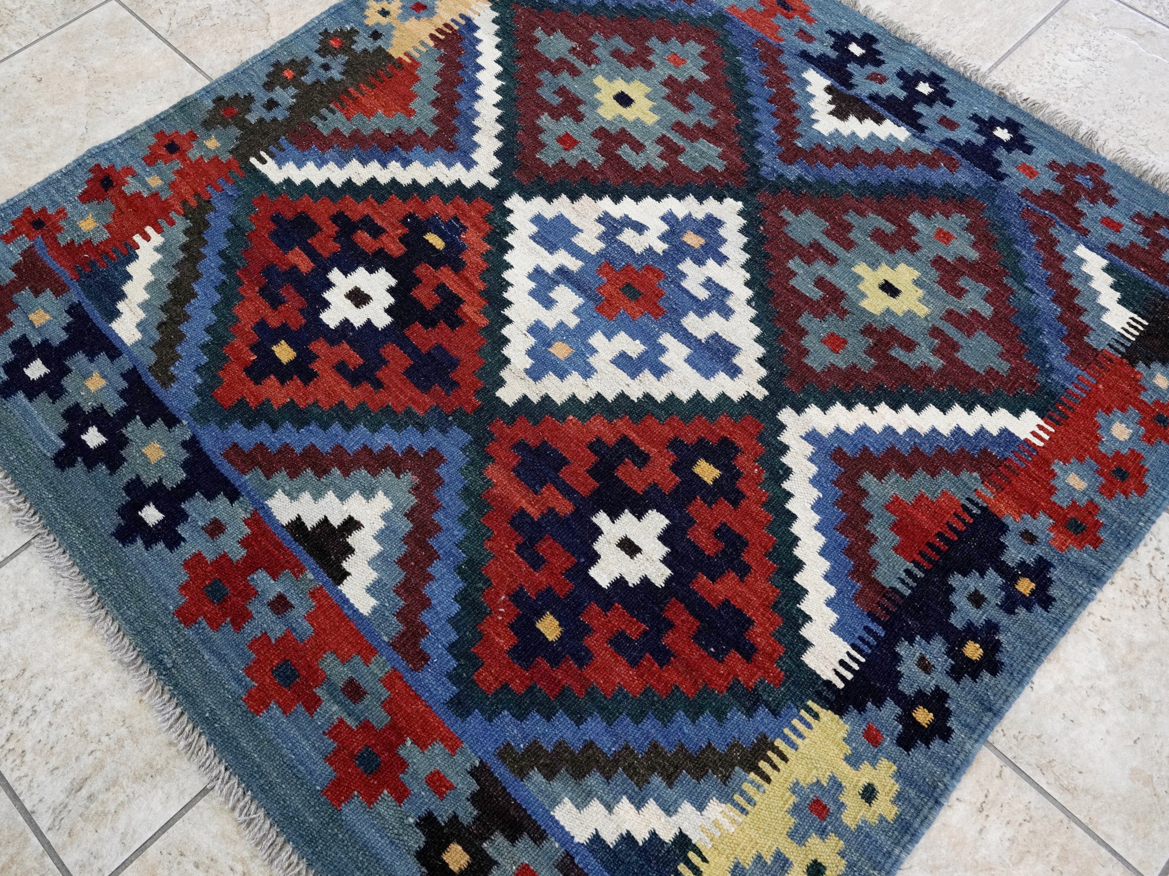 4x4 Ft Blue Square Killim Rug - Afghan Handwoven Flatweave