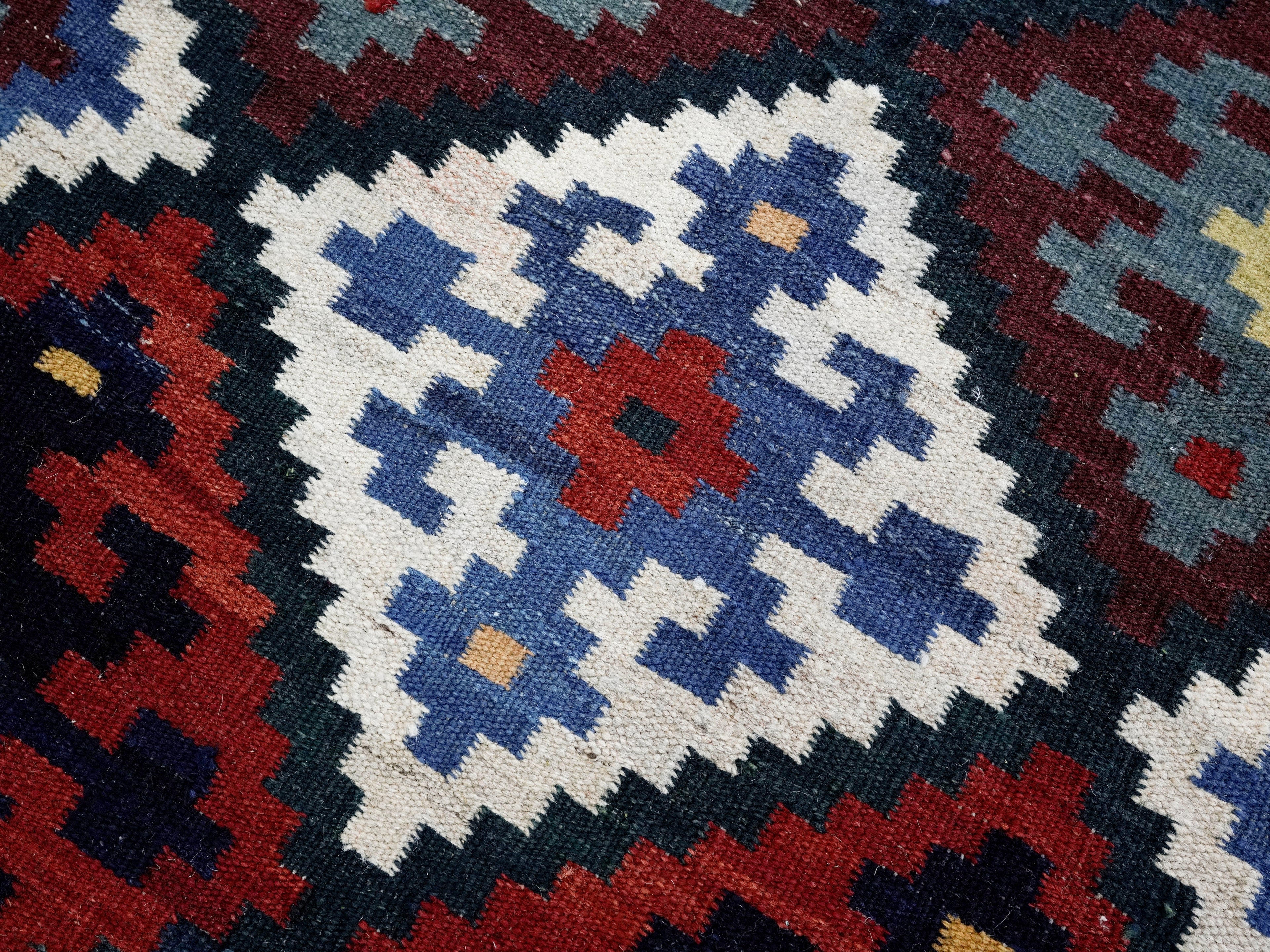 4x4 Ft Blue Square Killim Rug - Afghan Handwoven Flatweave