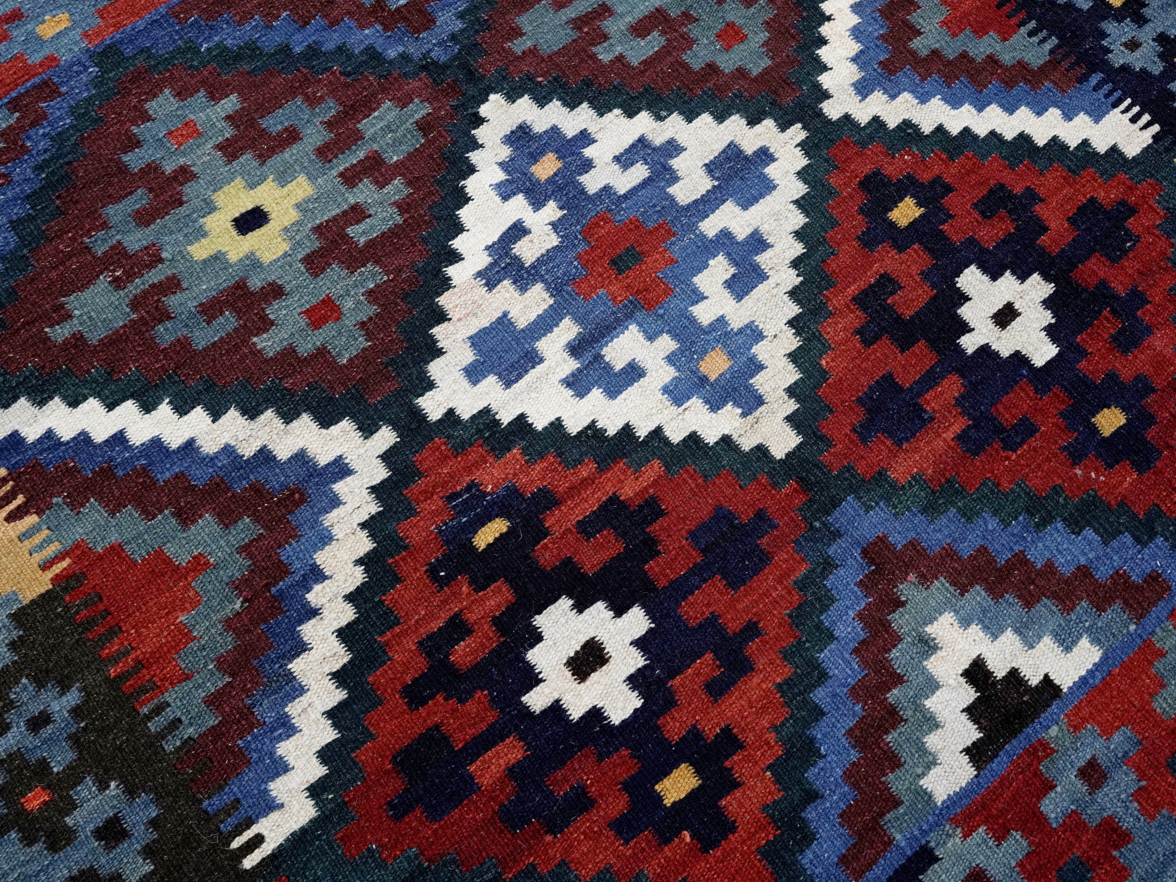 4x4 Ft Blue Square Killim Rug - Afghan Handwoven Flatweave