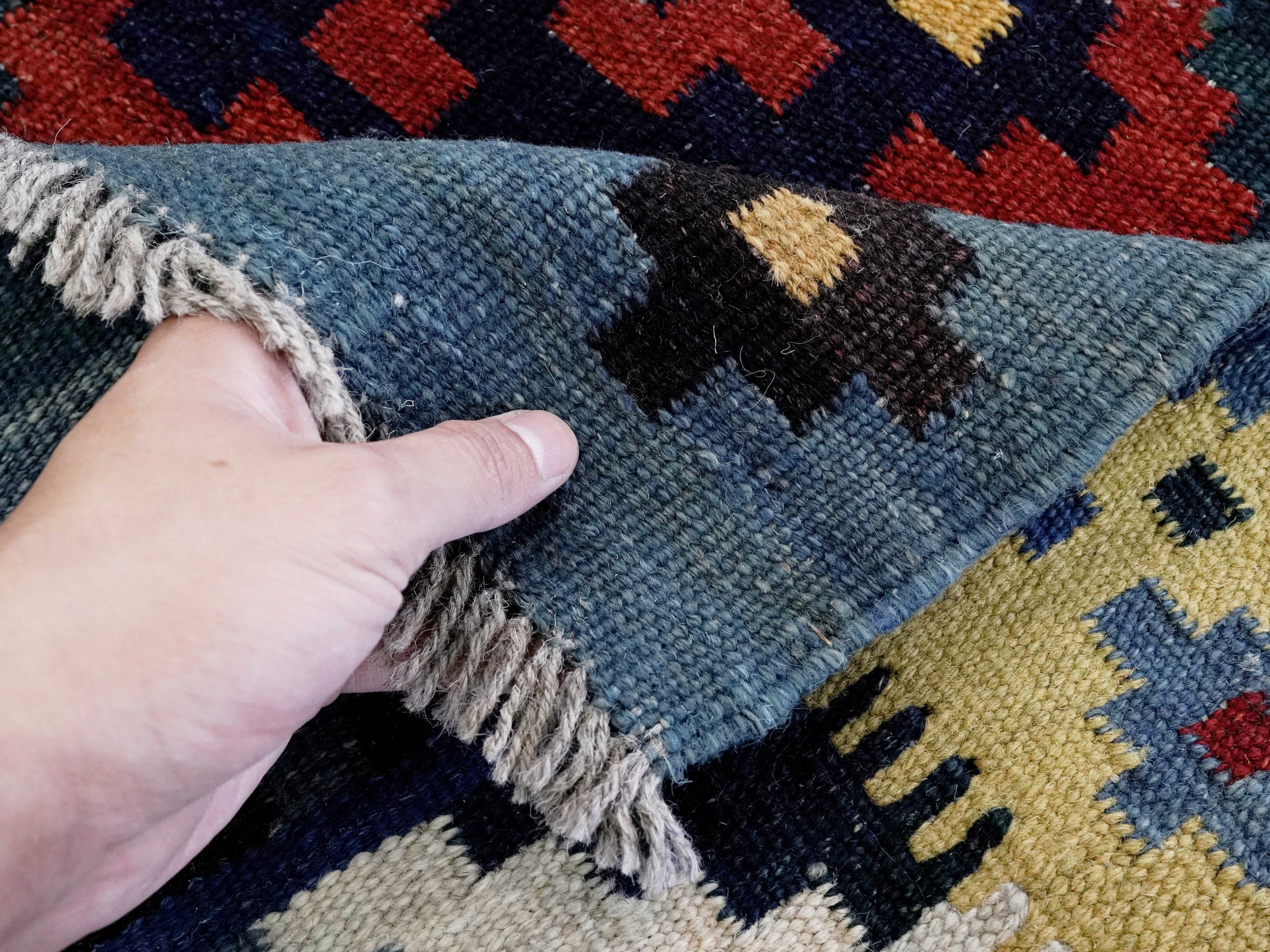 4x4 Ft Blue Square Killim Rug - Afghan Handwoven Flatweave