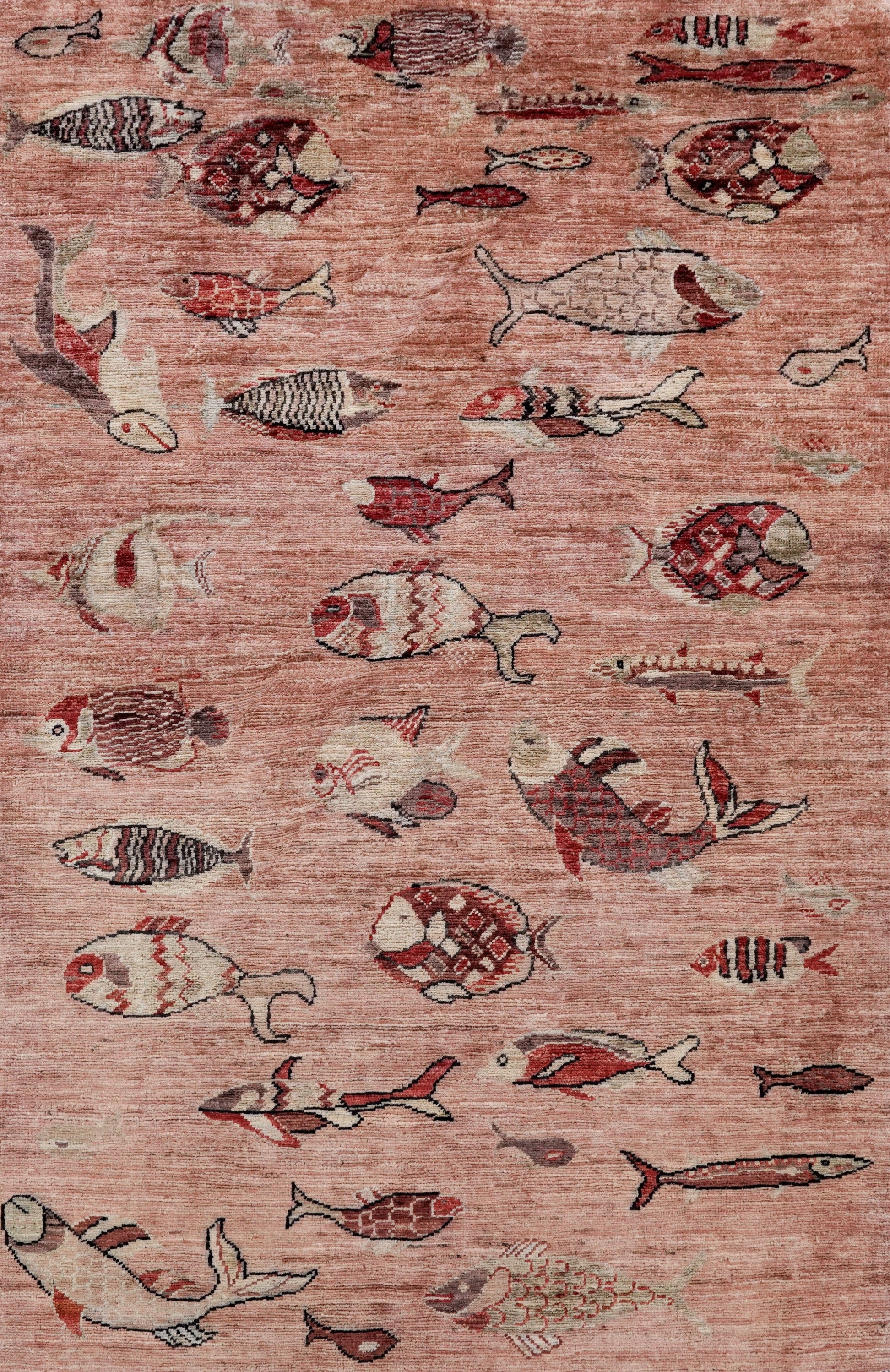 3x5 Ft Peach Orange Fish Rug - Hand Knotted Afghan Rug - Animal Design