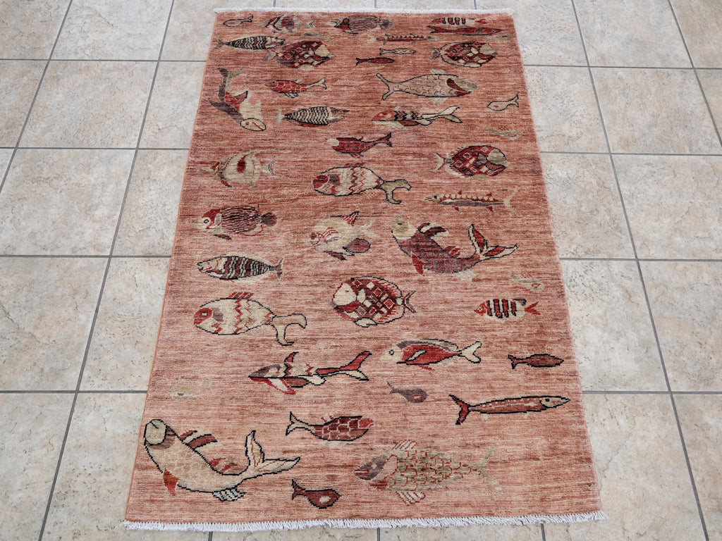3x5 Ft Peach Orange Fish Rug - Hand Knotted Afghan Rug - Animal Design