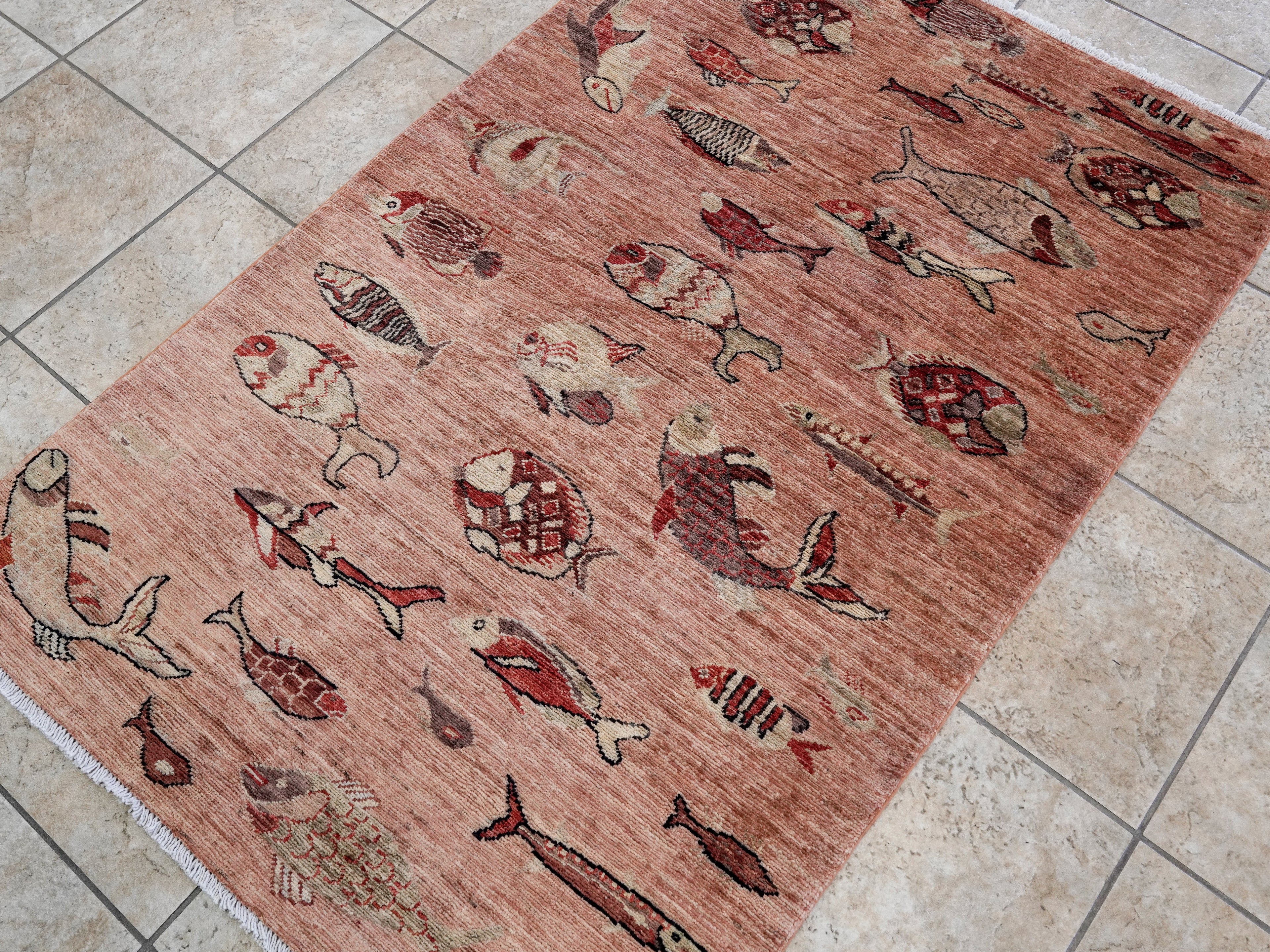 3x5 Ft Peach Orange Fish Rug - Hand Knotted Afghan Rug - Animal Design