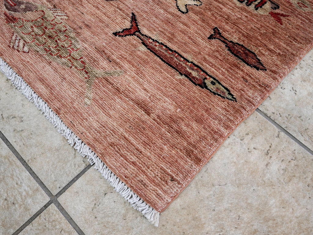 3x5 Ft Peach Orange Fish Rug - Hand Knotted Afghan Rug - Animal Design