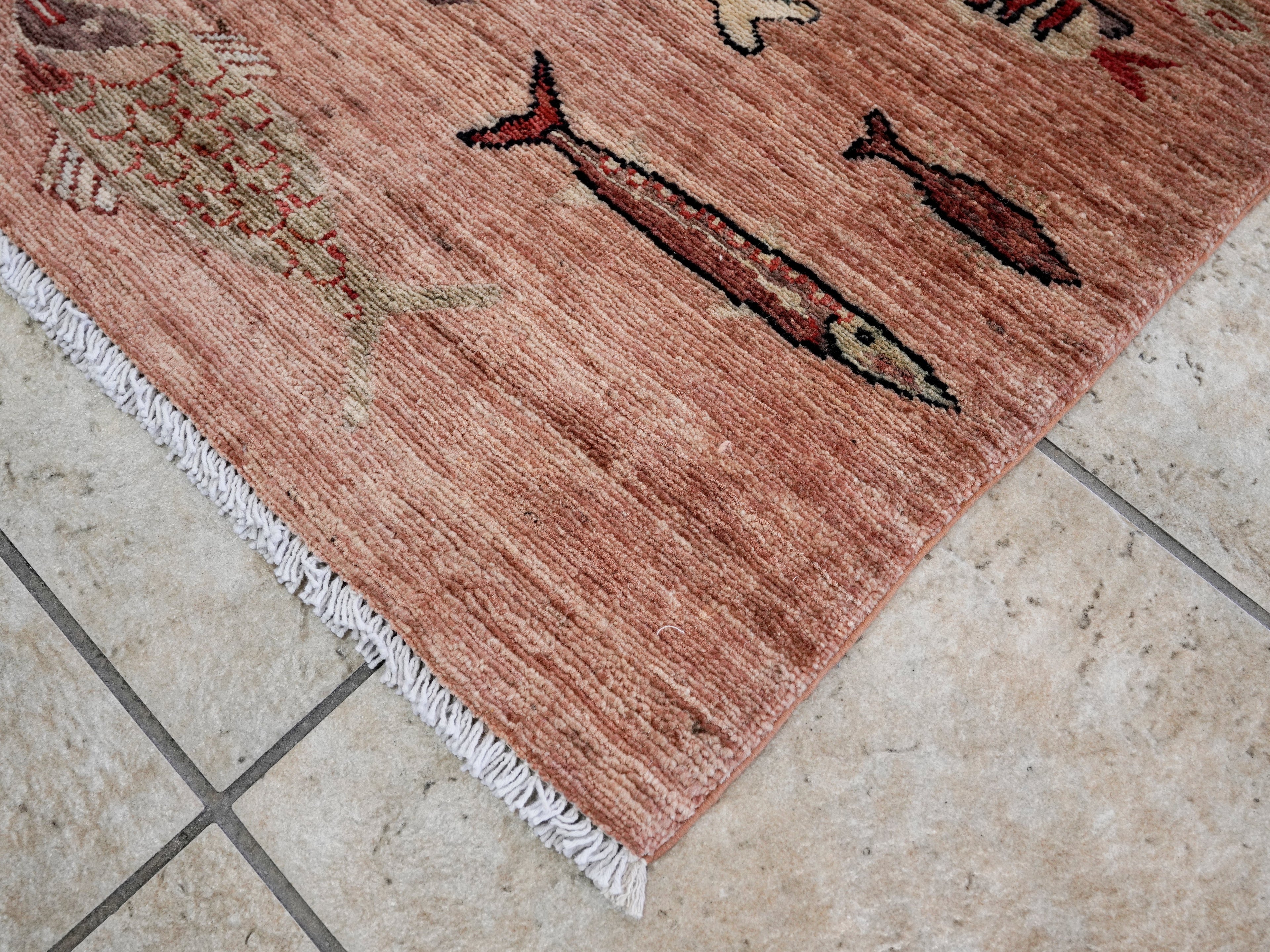 3x5 Ft Peach Orange Fish Rug - Hand Knotted Afghan Rug - Animal Design