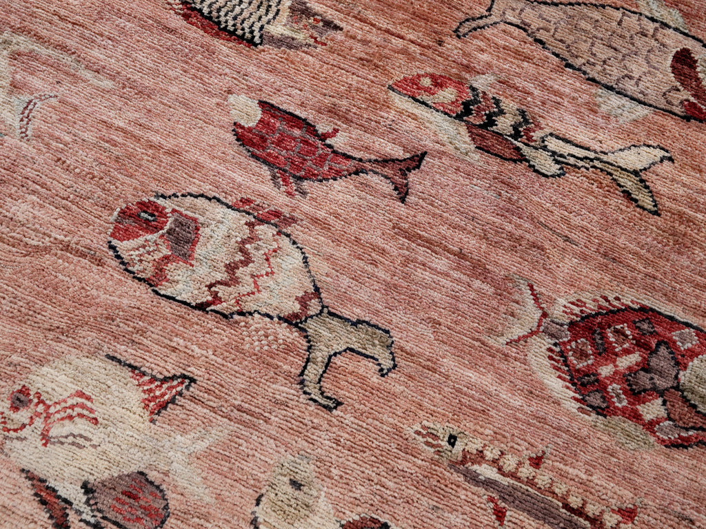 3x5 Ft Peach Orange Fish Rug - Hand Knotted Afghan Rug - Animal Design