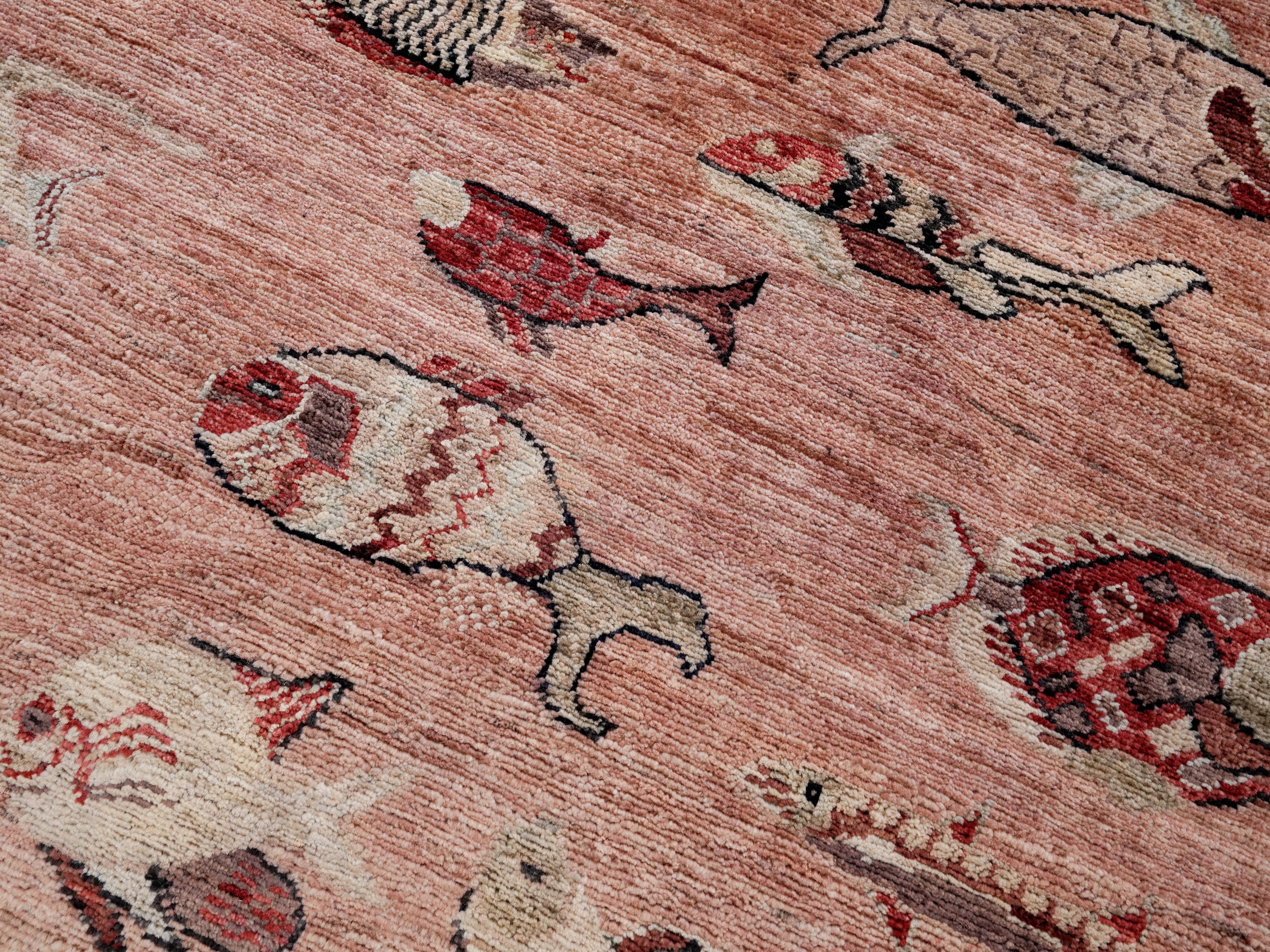 3x5 Ft Peach Orange Fish Rug - Hand Knotted Afghan Rug - Animal Design