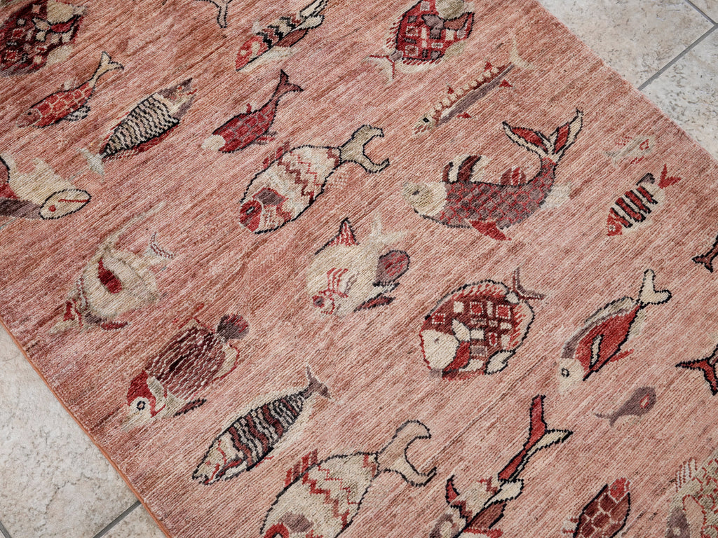 3x5 Ft Peach Orange Fish Rug - Hand Knotted Afghan Rug - Animal Design