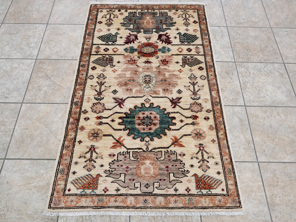 3x5 Ft Beige Floral Rug - Hand Knotted Afghan Area Rug