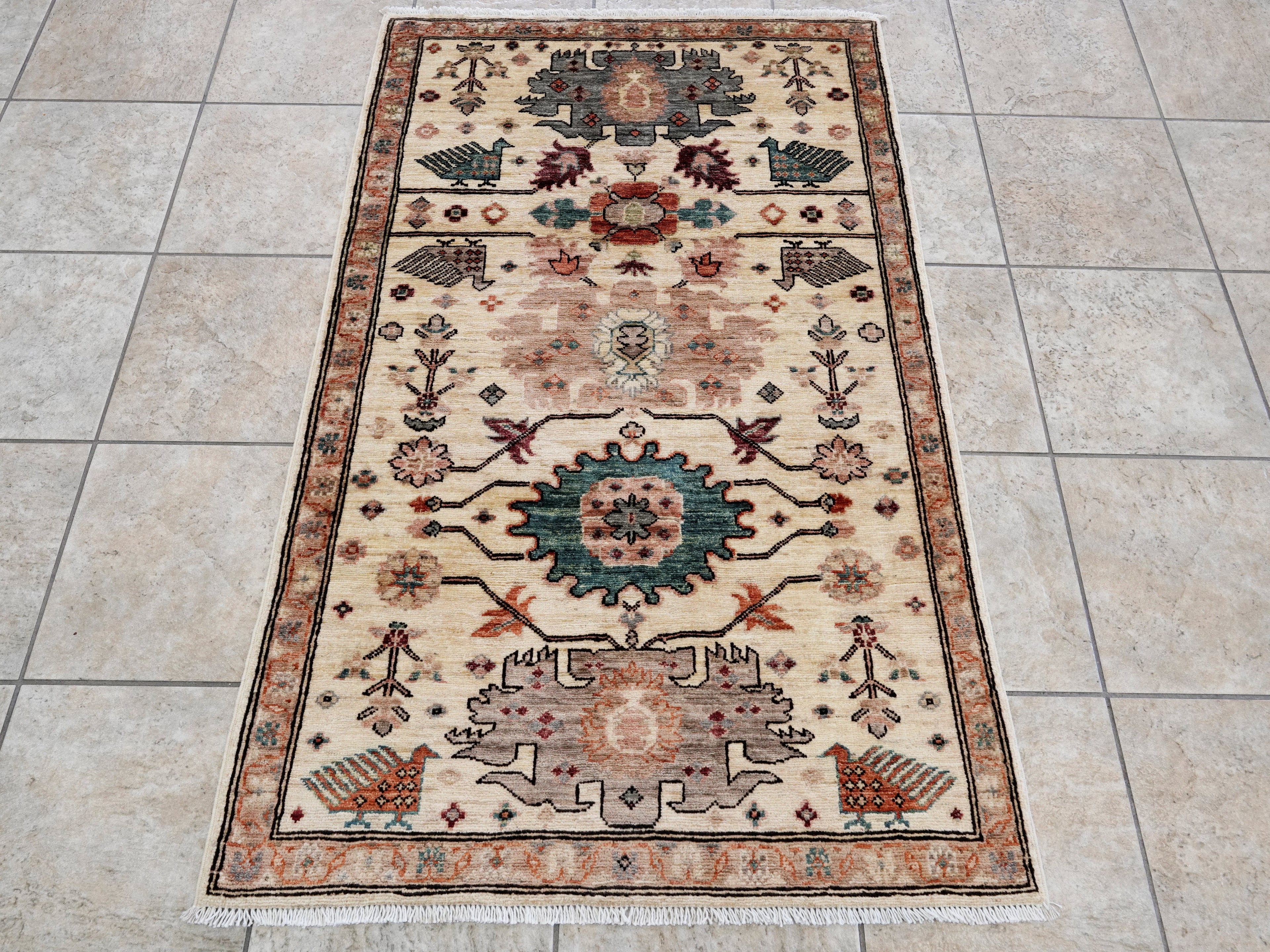3x5 Ft Beige Floral Rug - Hand Knotted Afghan Area Rug