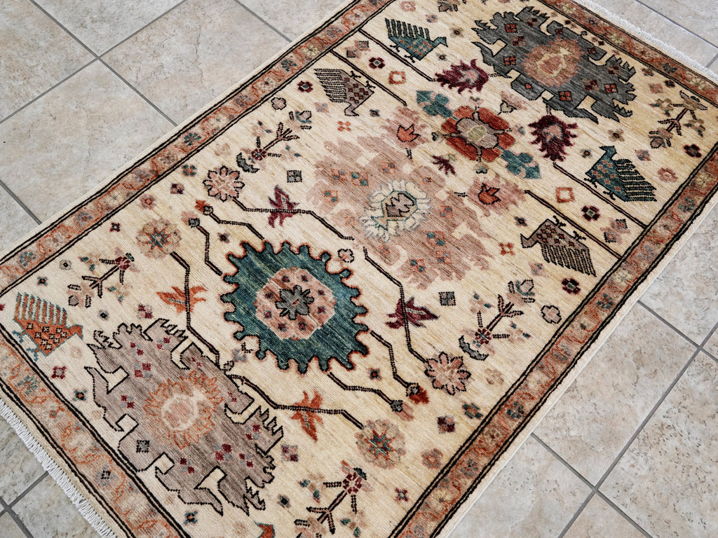3x5 Ft Beige Floral Rug - Hand Knotted Afghan Area Rug