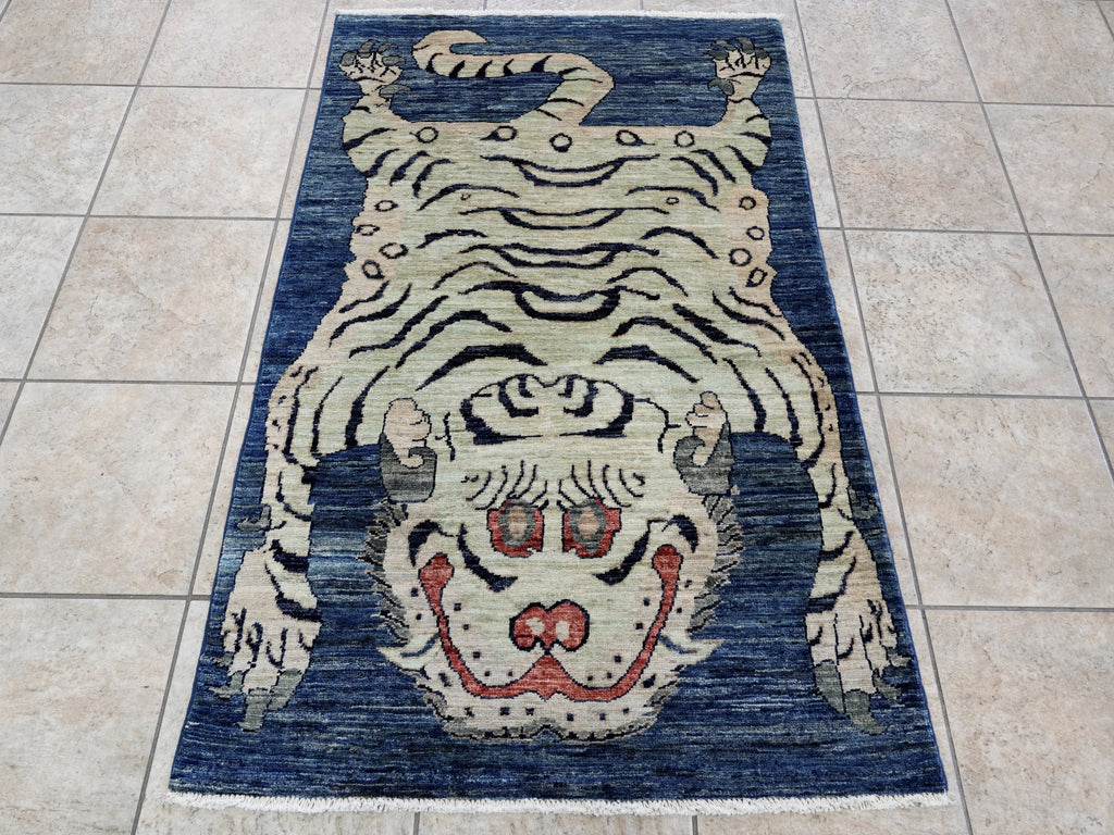 3x5 Ft Blue Tiger Rug - Hand Knotted Afghan Rug - Animal Design