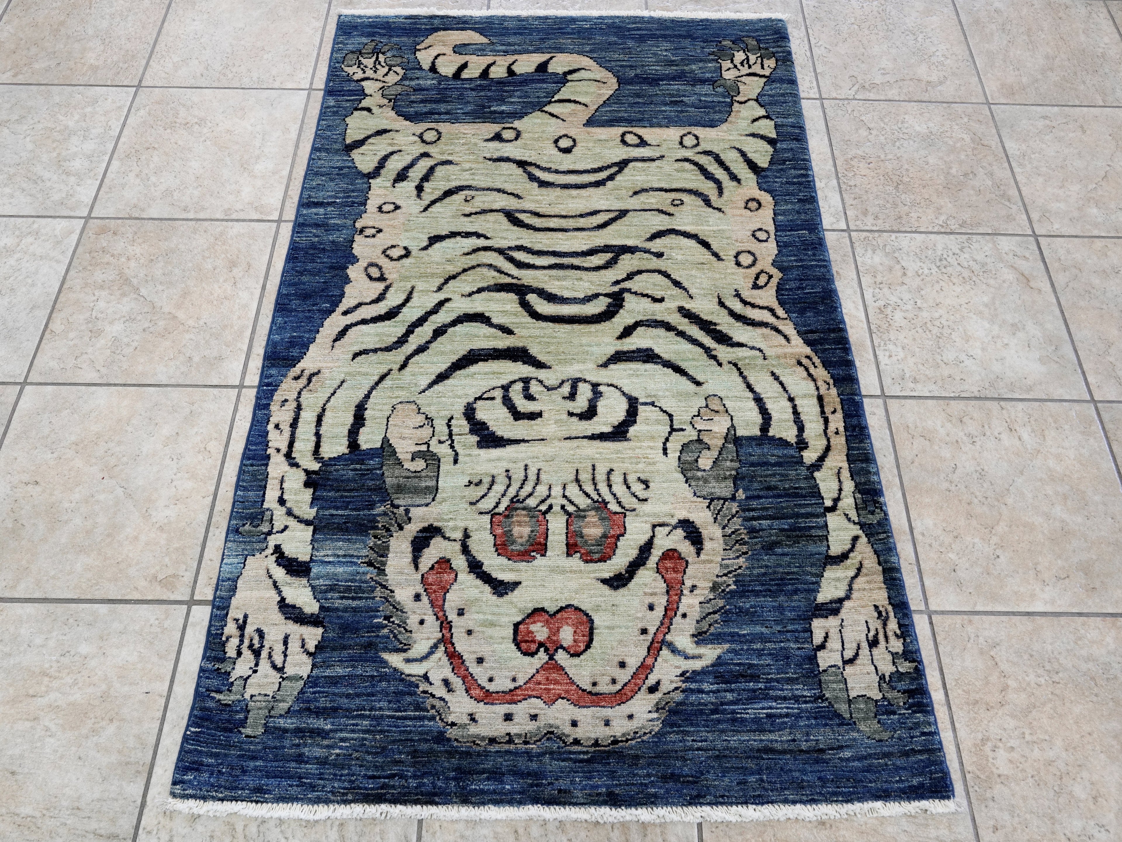 3x5 Ft Blue Tiger Rug - Hand Knotted Afghan Rug - Animal Design