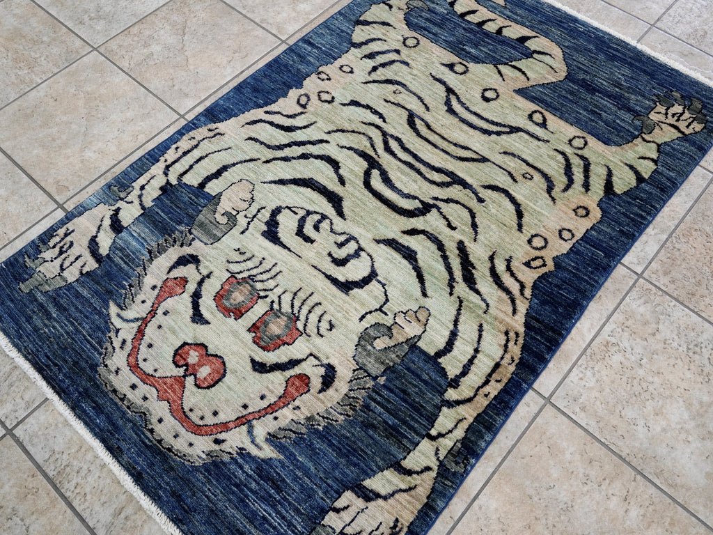 3x5 Ft Blue Tiger Rug - Hand Knotted Afghan Rug - Animal Design