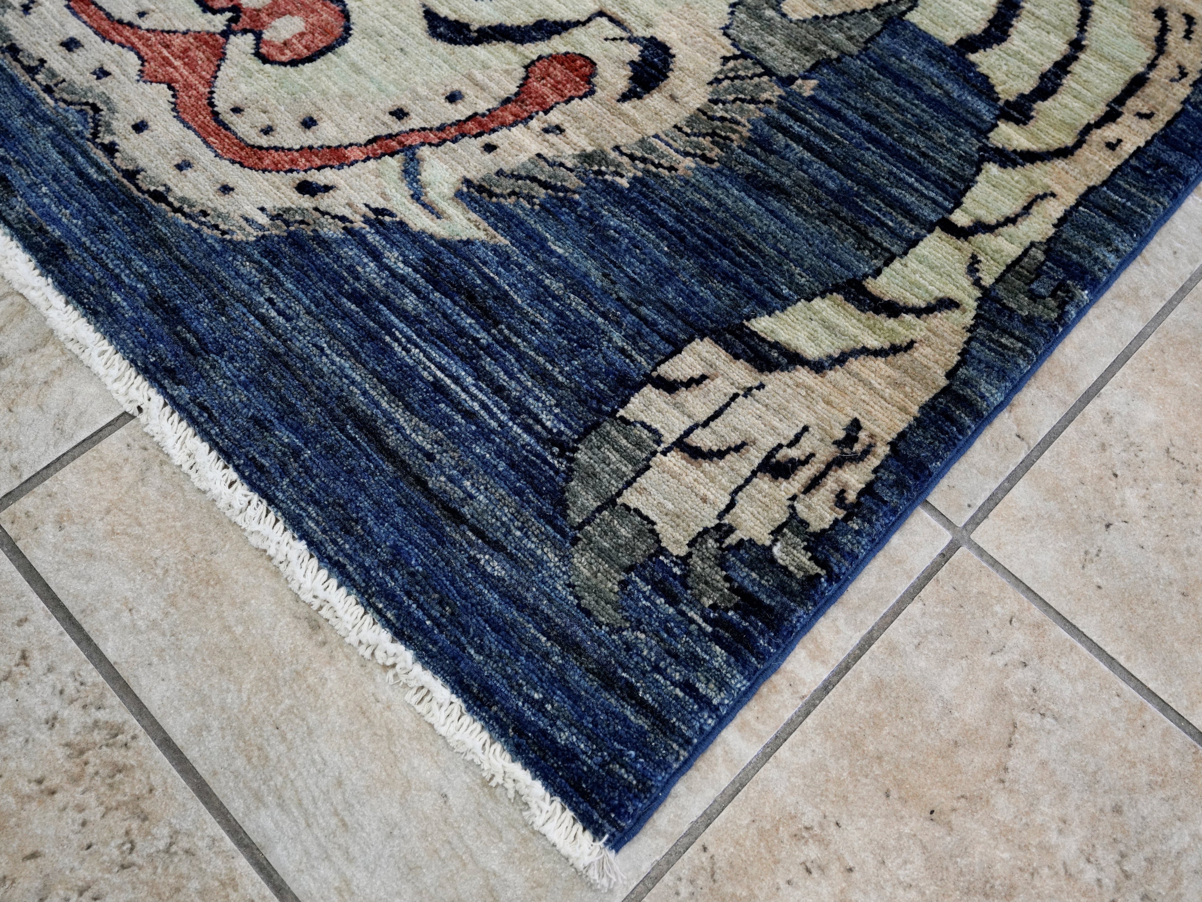 3x5 Ft Blue Tiger Rug - Hand Knotted Afghan Rug - Animal Design