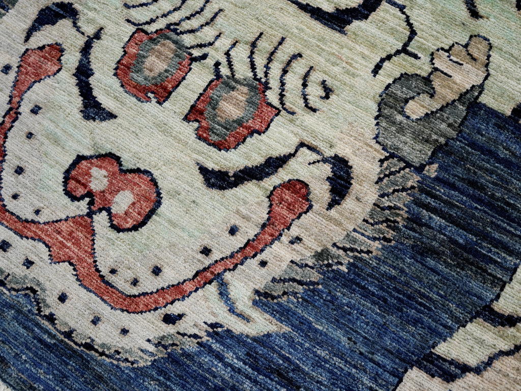 3x5 Ft Blue Tiger Rug - Hand Knotted Afghan Rug - Animal Design