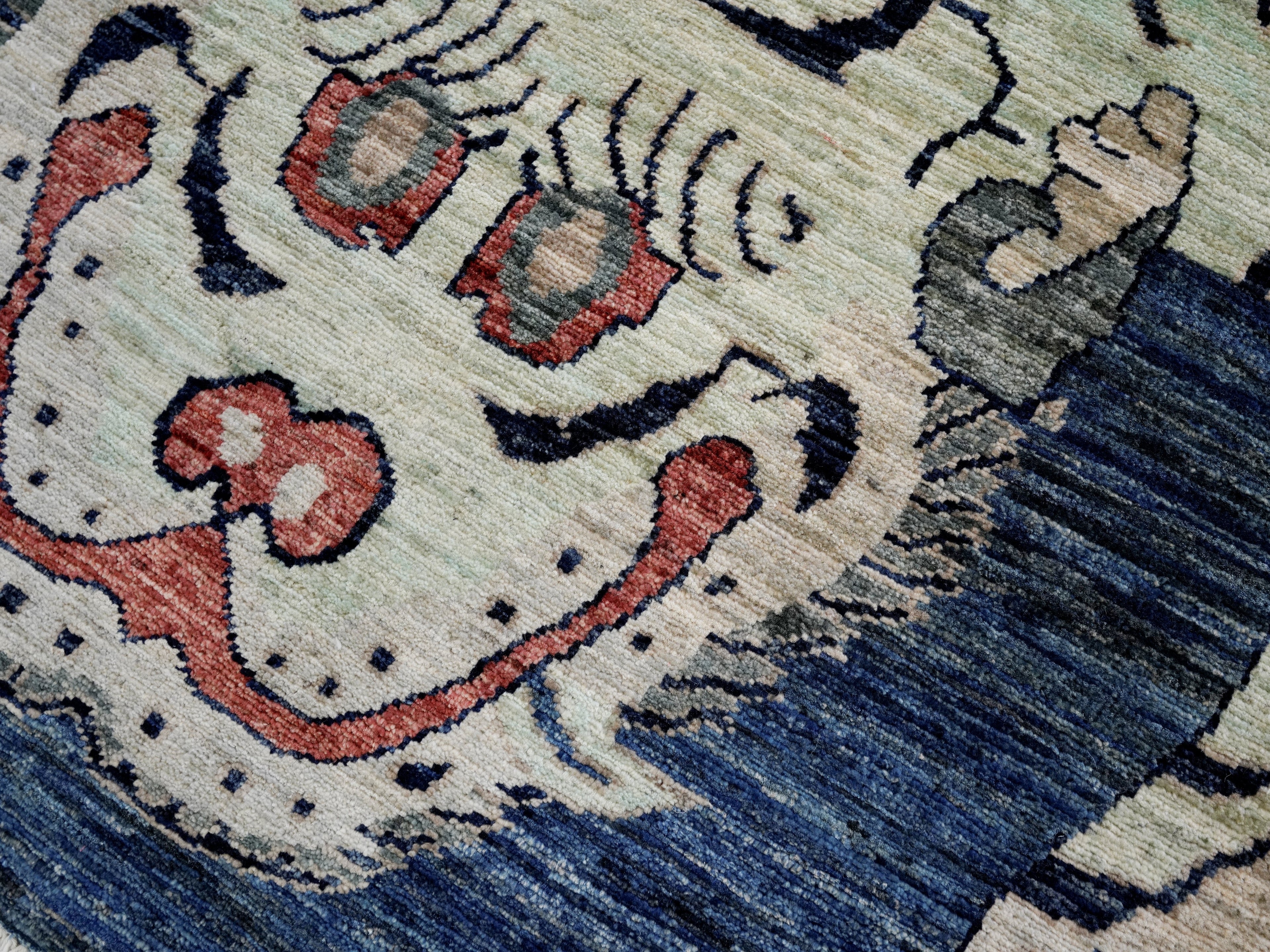 3x5 Ft Blue Tiger Rug - Hand Knotted Afghan Rug - Animal Design