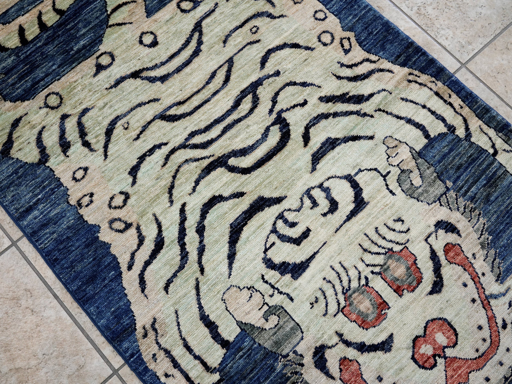 3x5 Ft Blue Tiger Rug - Hand Knotted Afghan Rug - Animal Design