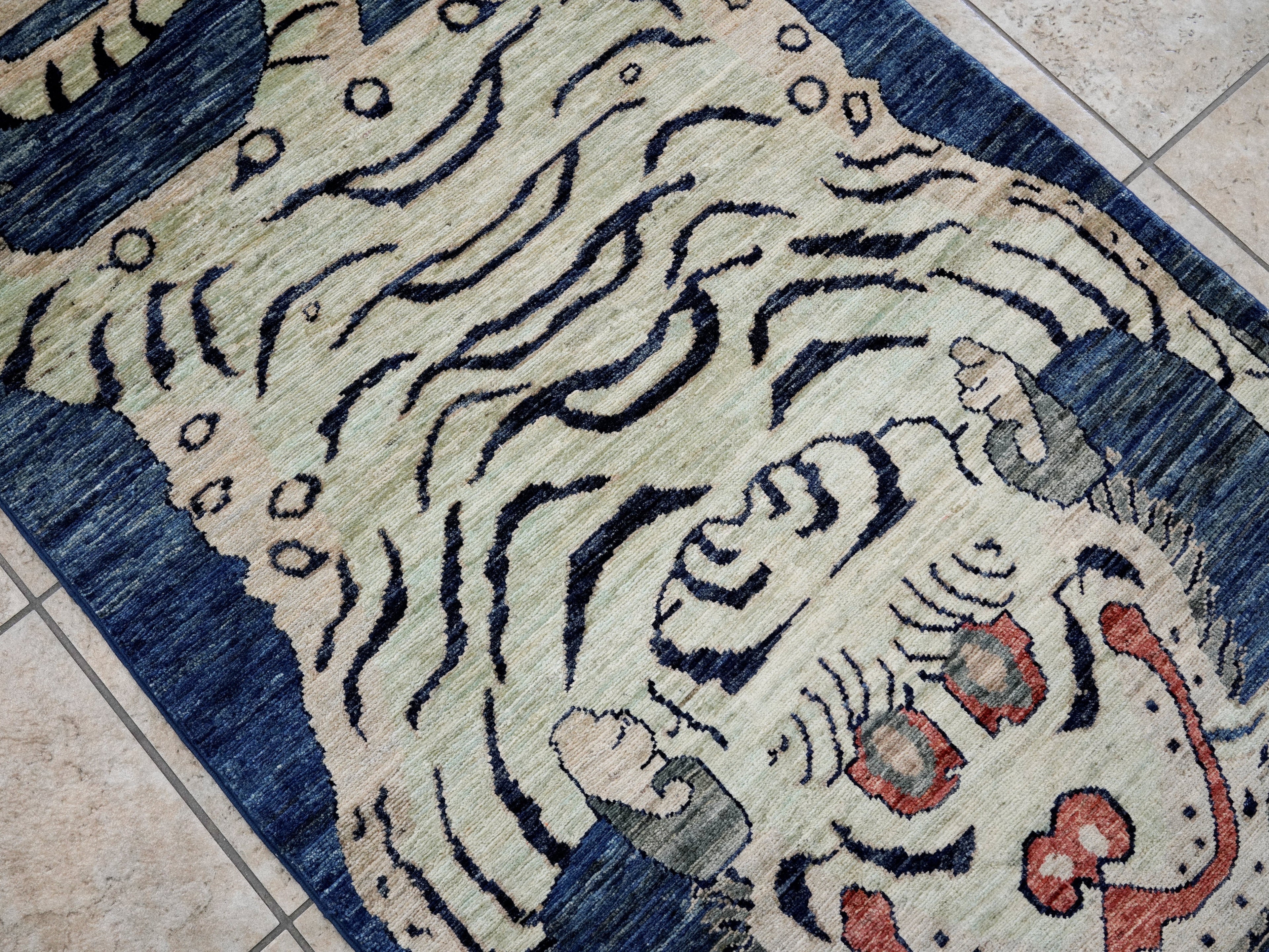 3x5 Ft Blue Tiger Rug - Hand Knotted Afghan Rug - Animal Design