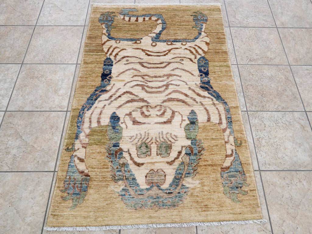 3x5 Ft Brown Tiger Rug - Hand Knotted Afghan Rug - Animal Design