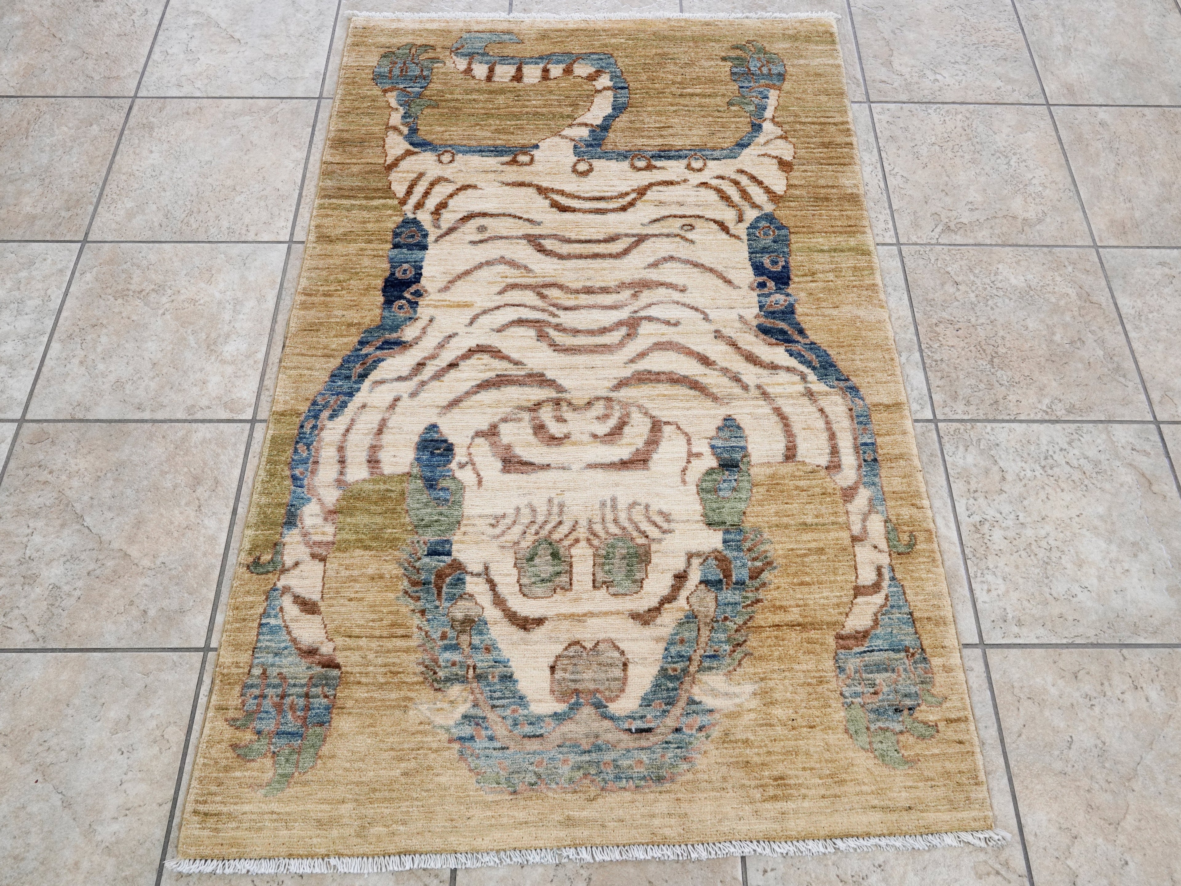 3x5 Ft Brown Tiger Rug - Hand Knotted Afghan Rug - Animal Design