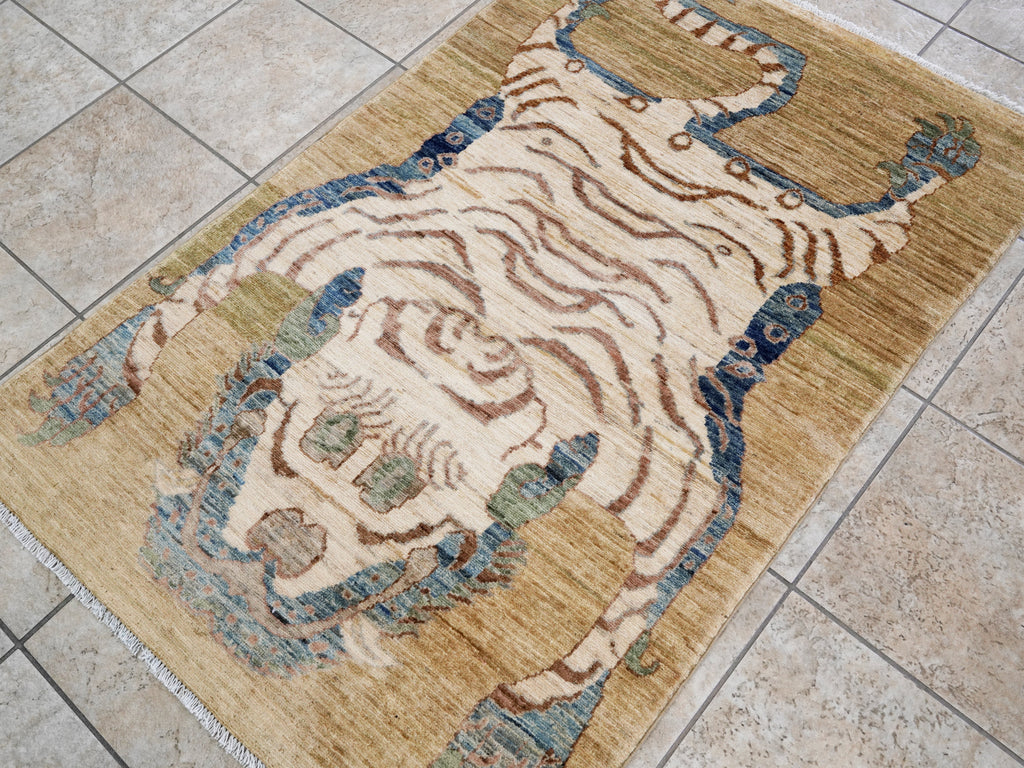 3x5 Ft Brown Tiger Rug - Hand Knotted Afghan Rug - Animal Design