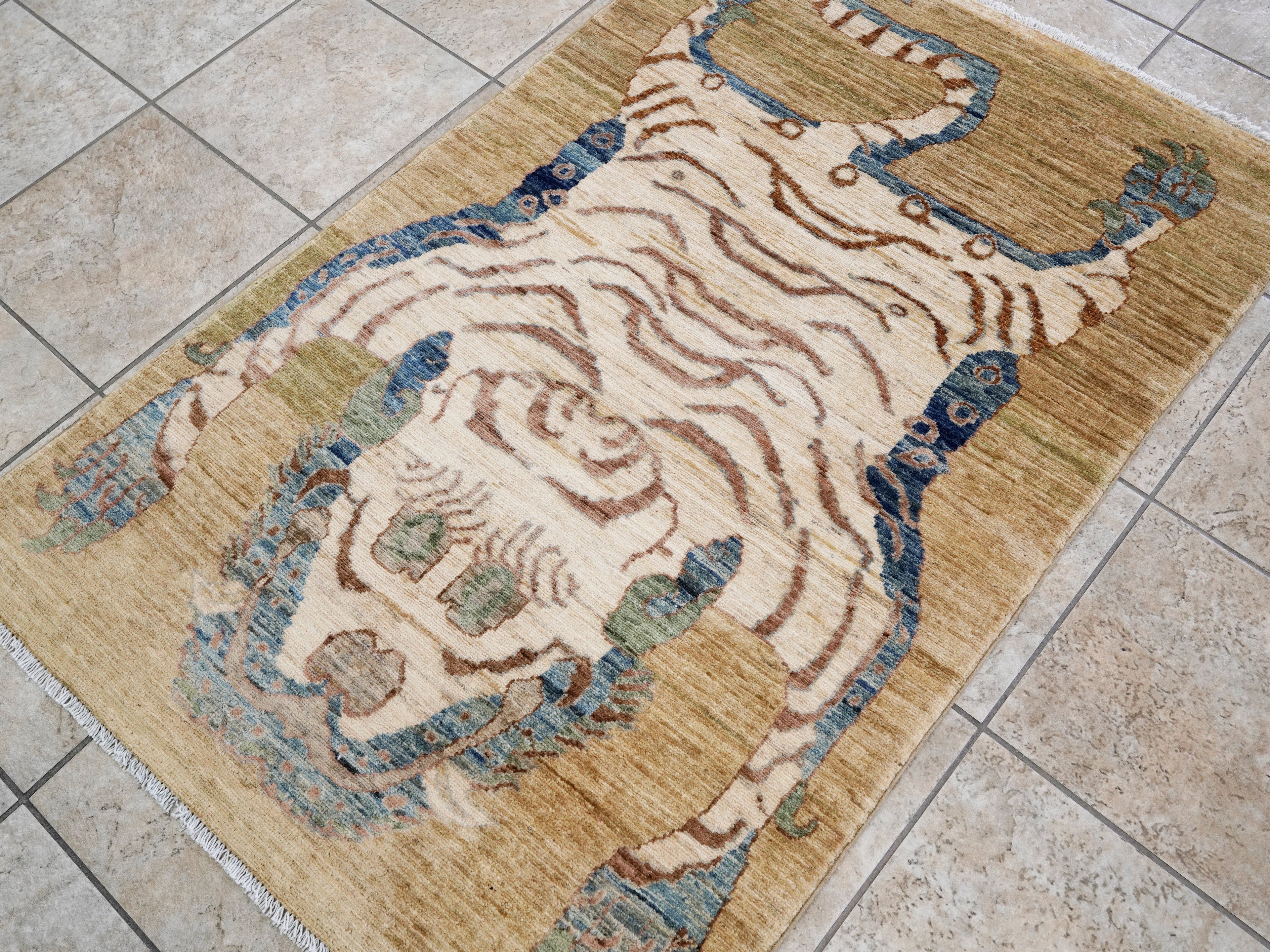 3x5 Ft Brown Tiger Rug - Hand Knotted Afghan Rug - Animal Design