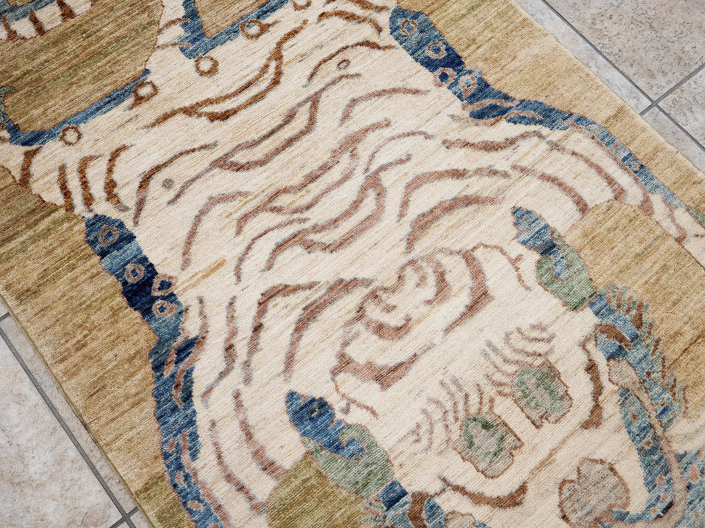 3x5 Ft Brown Tiger Rug - Hand Knotted Afghan Rug - Animal Design