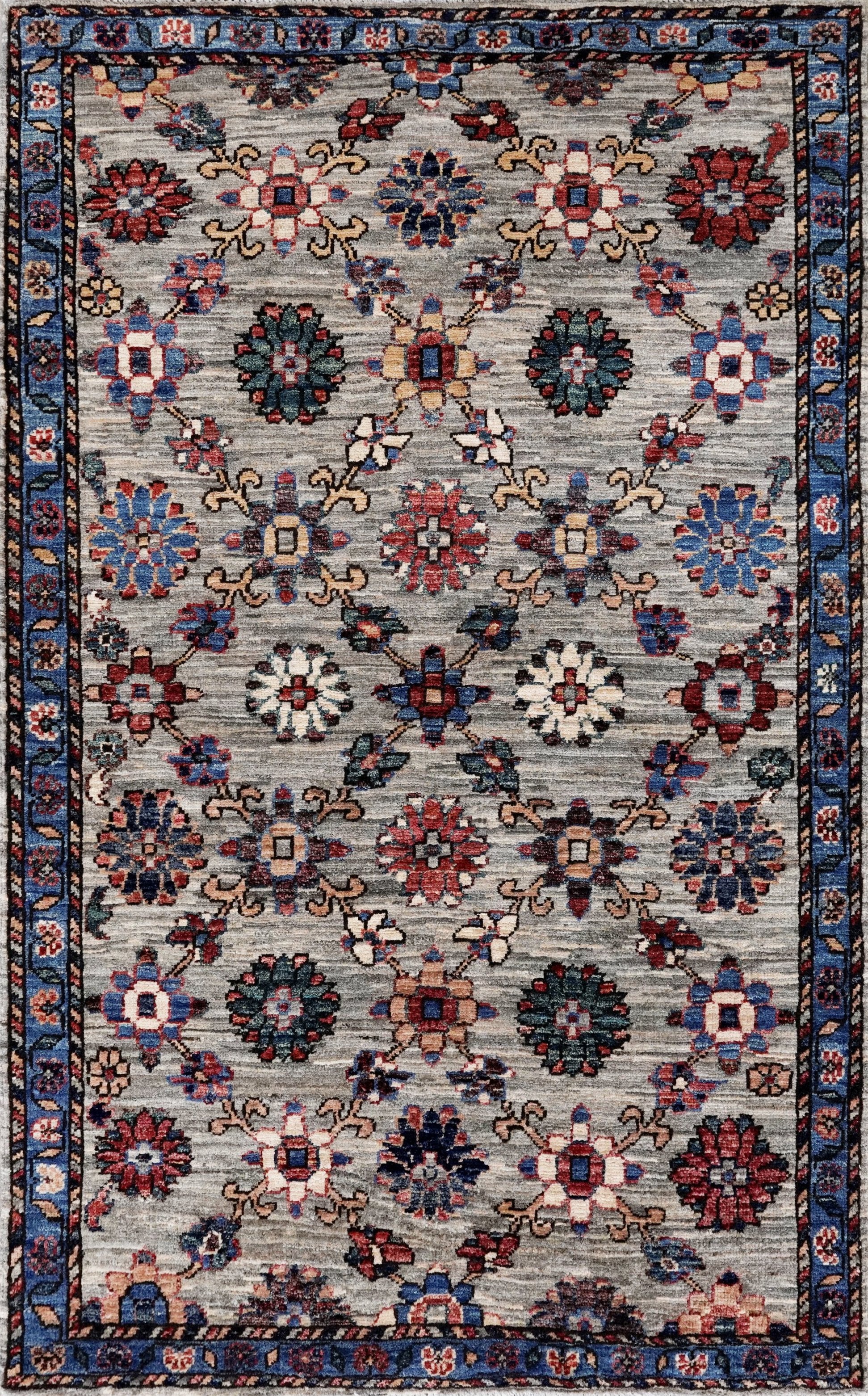 3x5 Ft Blue Floral Rug - Hand Knotted Afghan Rug