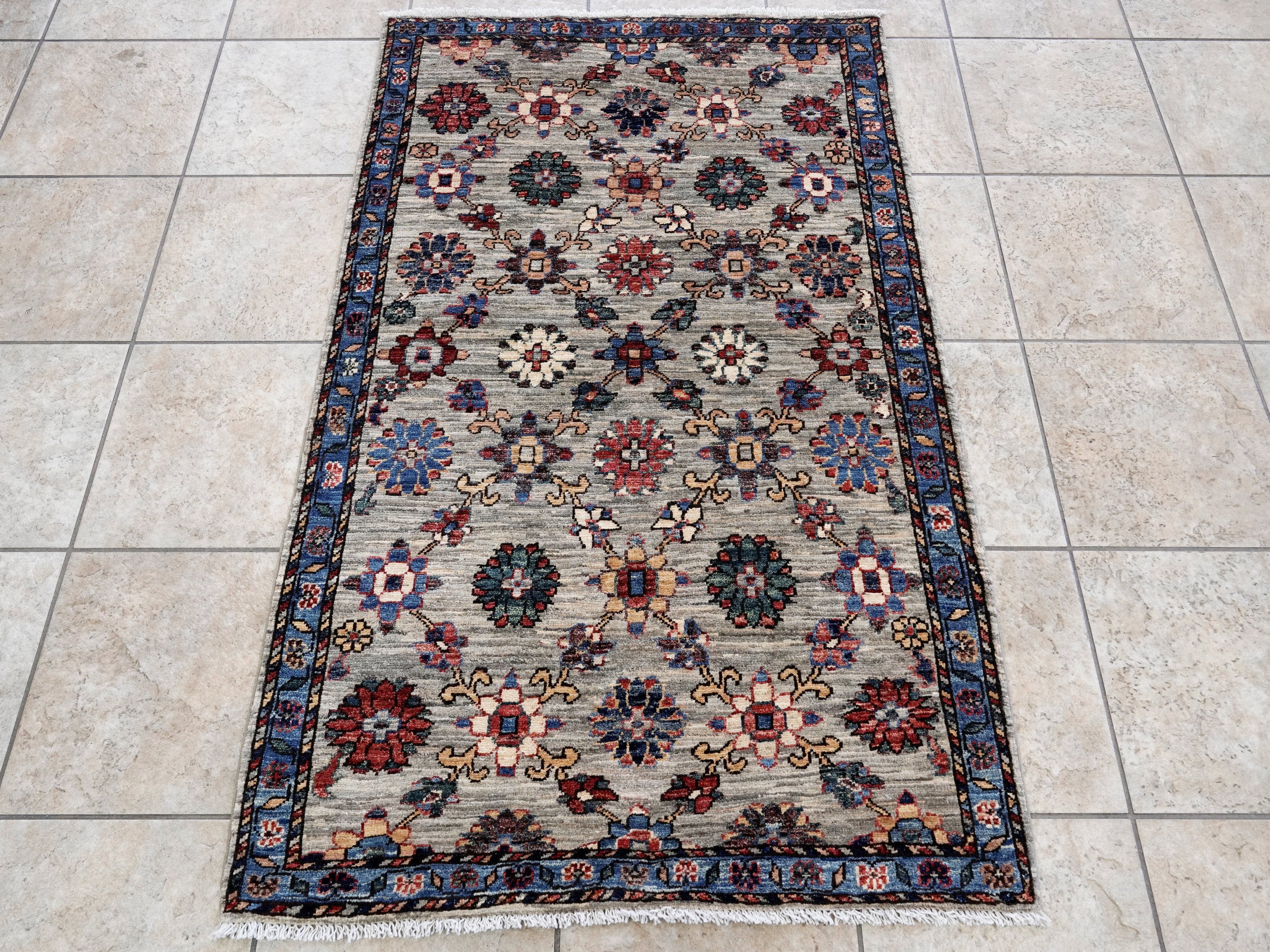 3x5 Ft Blue Floral Rug - Hand Knotted Afghan Rug