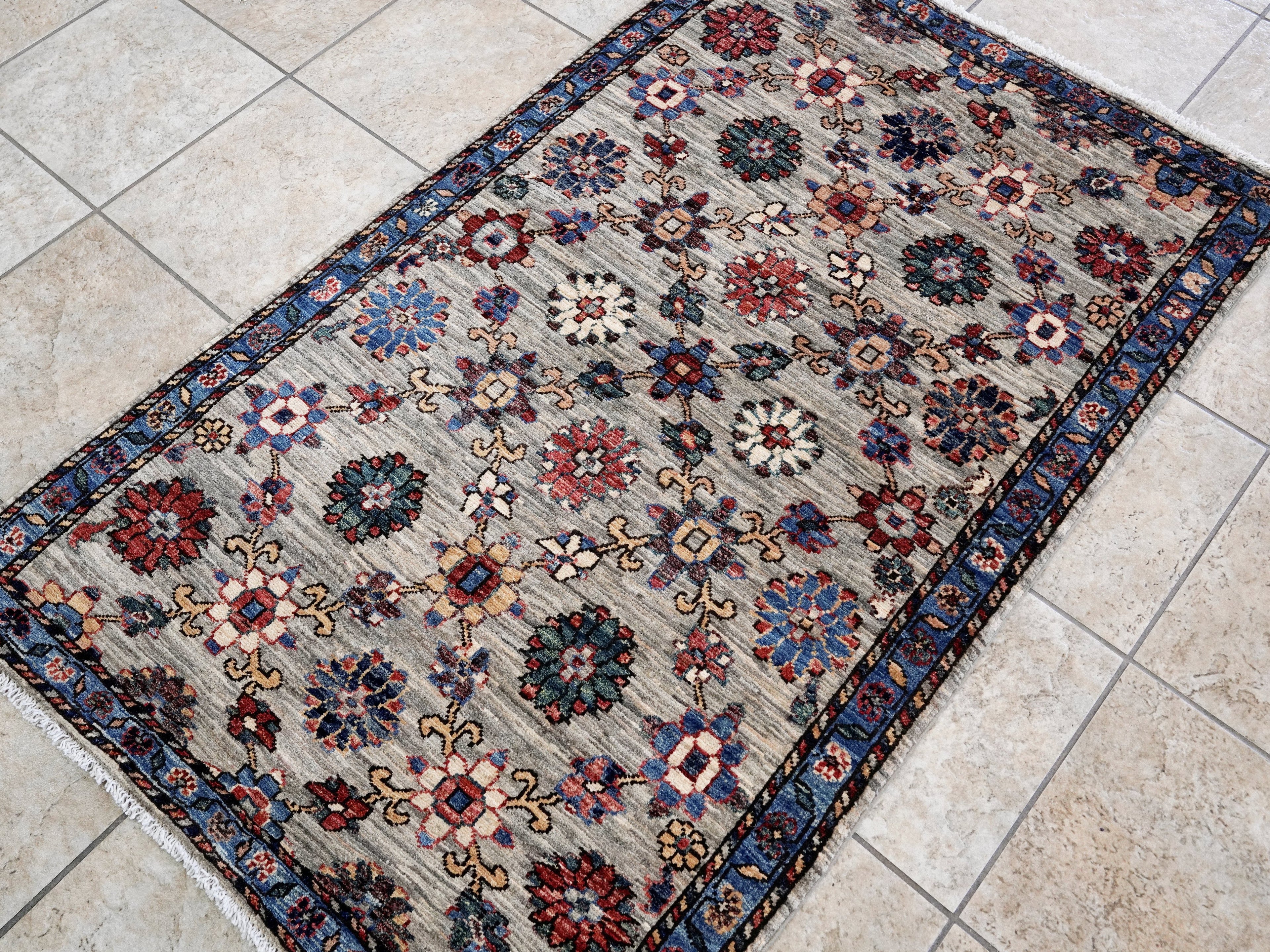 3x5 Ft Blue Floral Rug - Hand Knotted Afghan Rug