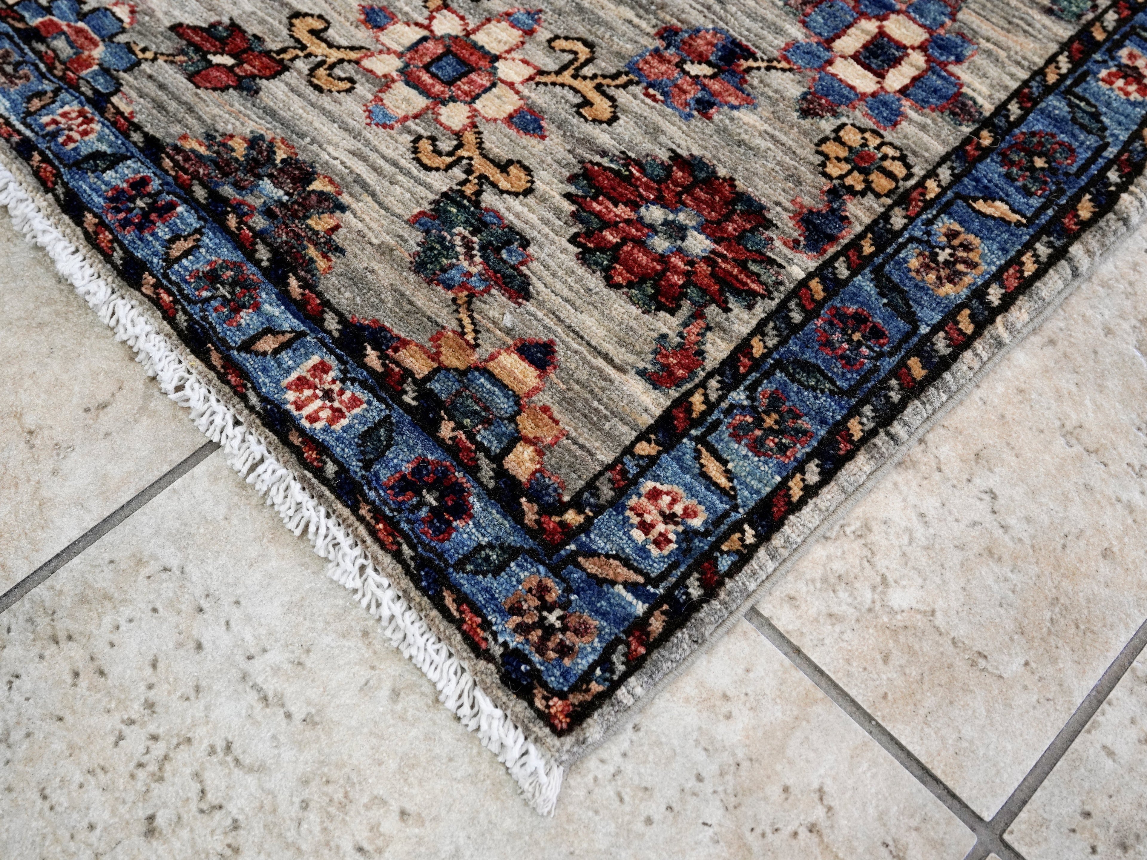 3x5 Ft Blue Floral Rug - Hand Knotted Afghan Rug