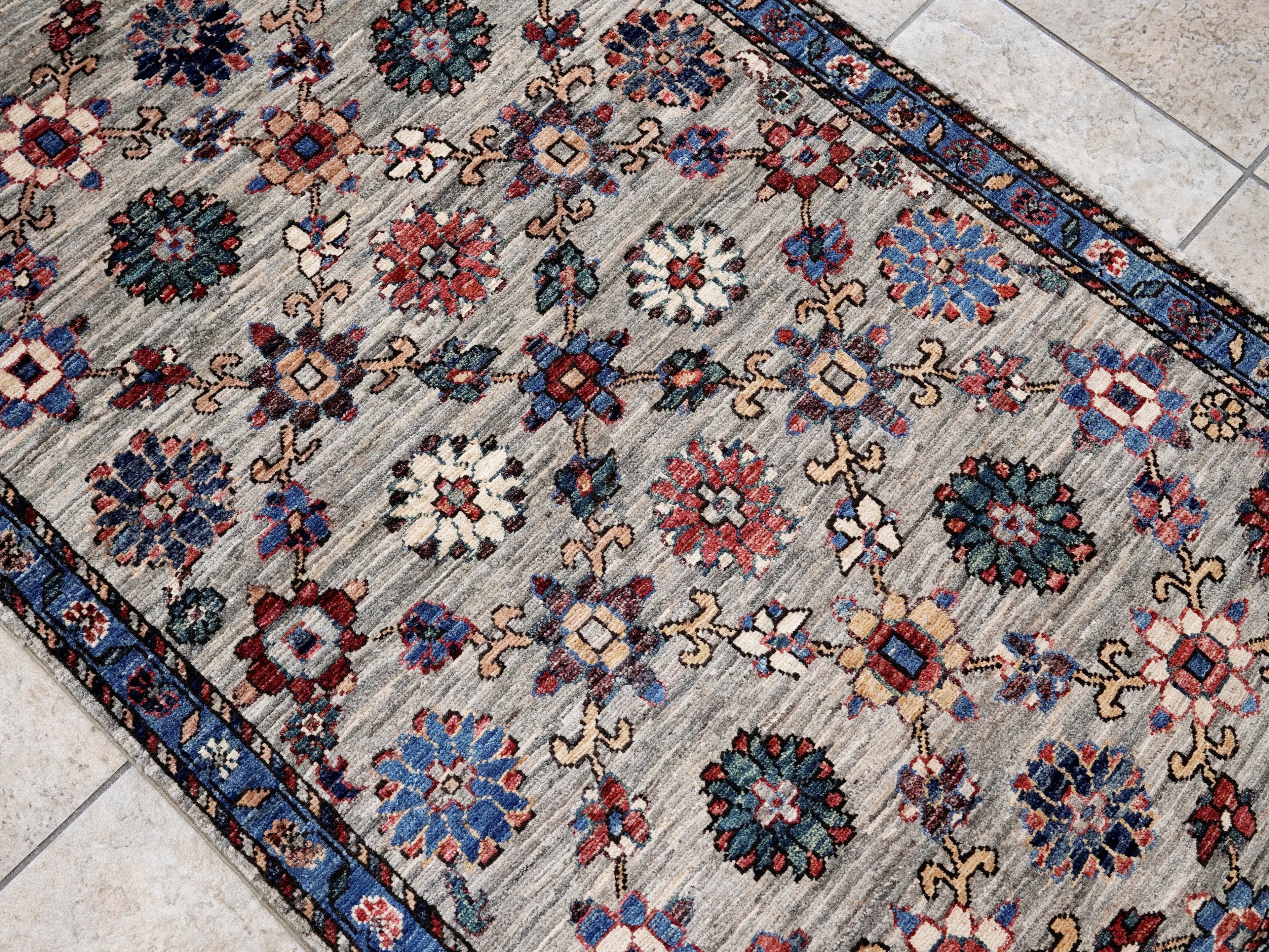 3x5 Ft Blue Floral Rug - Hand Knotted Afghan Rug