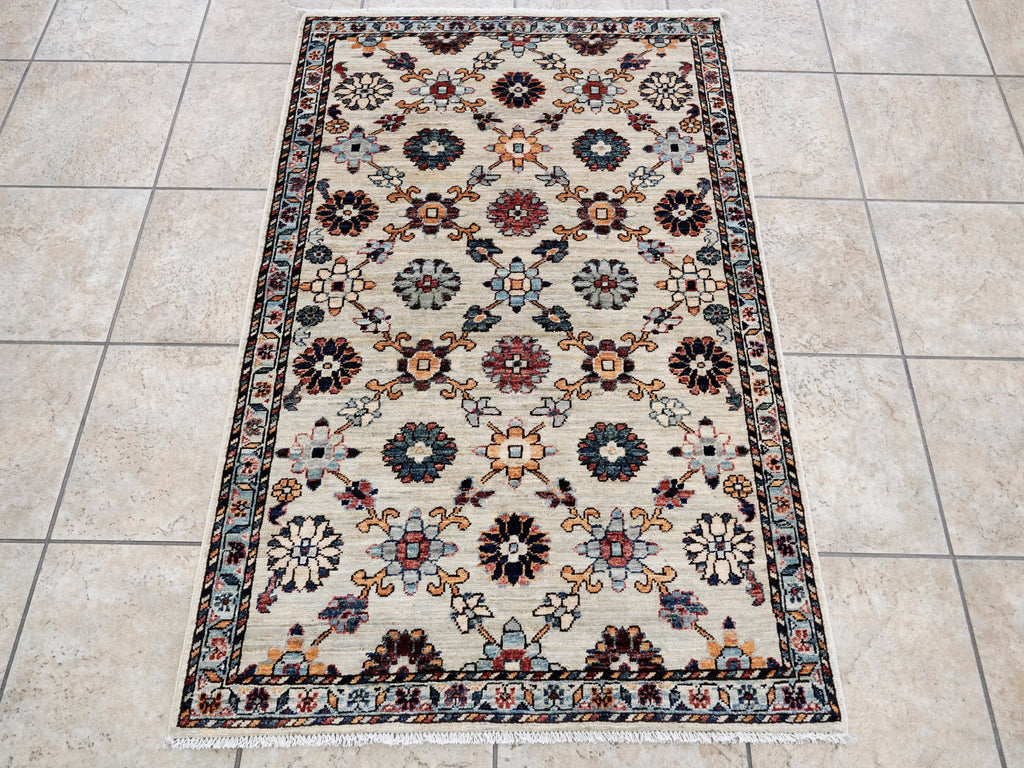 3x5 Ft Beige Floral Rug - Hand Knotted Afghan Rug