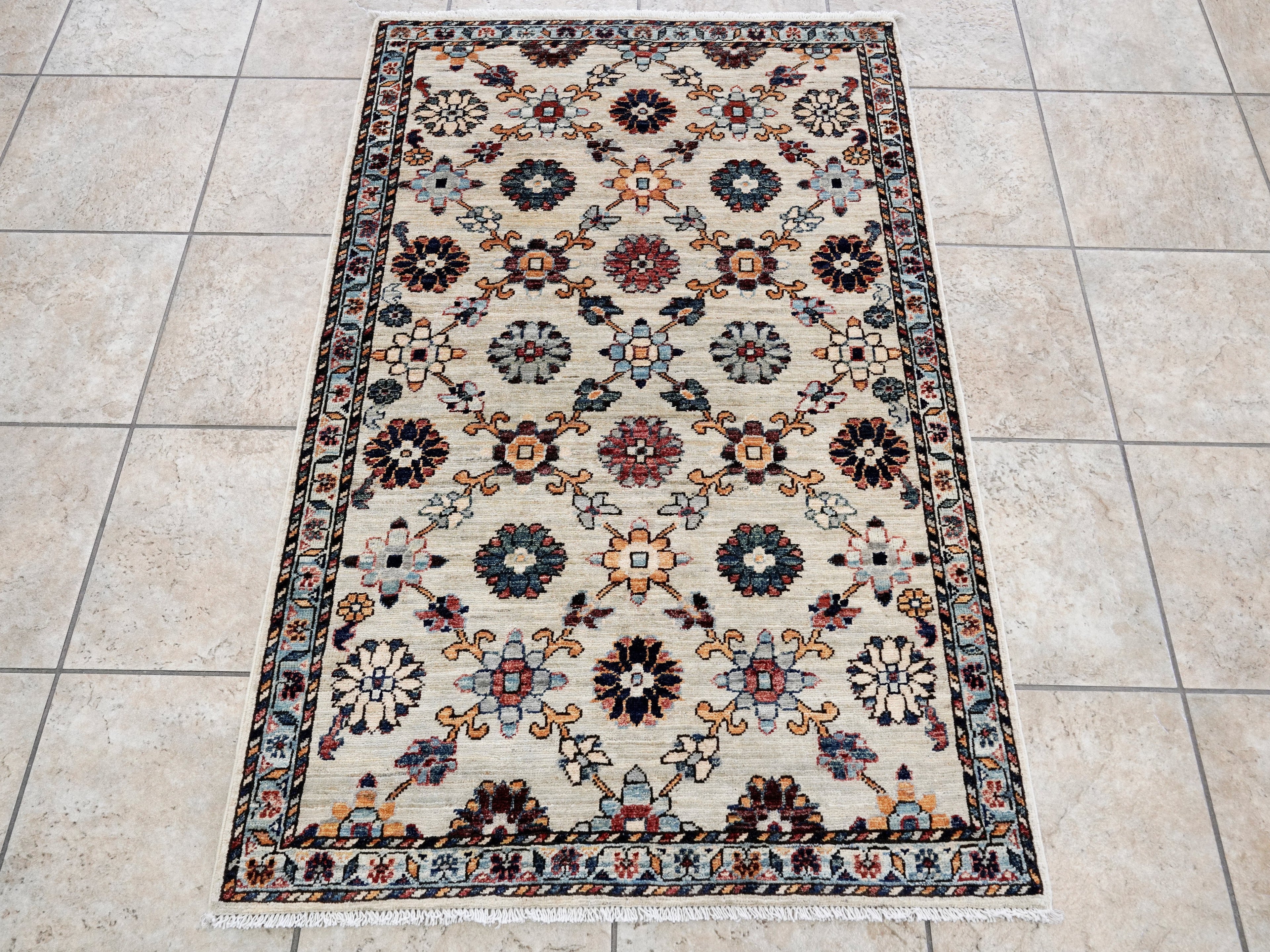 3x5 Ft Beige Floral Rug - Hand Knotted Afghan Rug