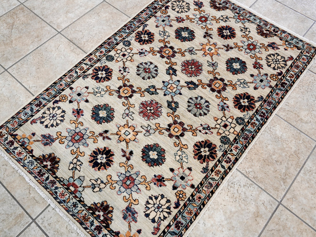 3x5 Ft Beige Floral Rug - Hand Knotted Afghan Rug