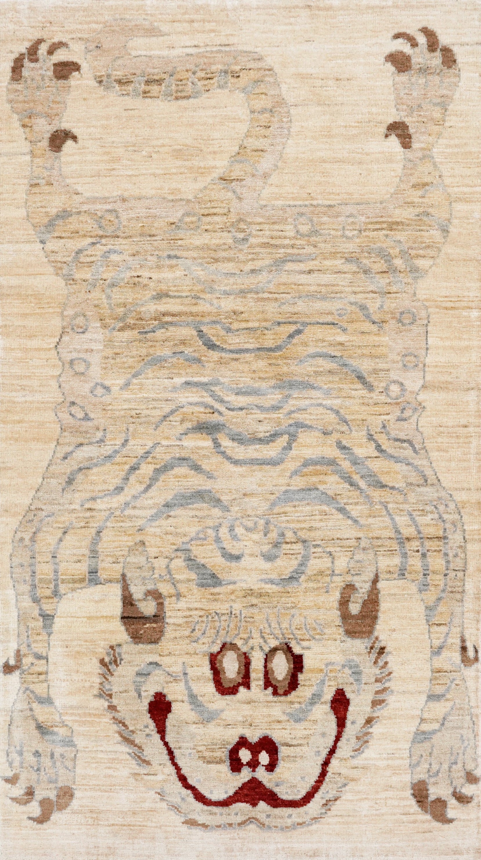 3x5 Ft Beige Tiger Rug - Hand Knotted Afghan Rug - Animal Design