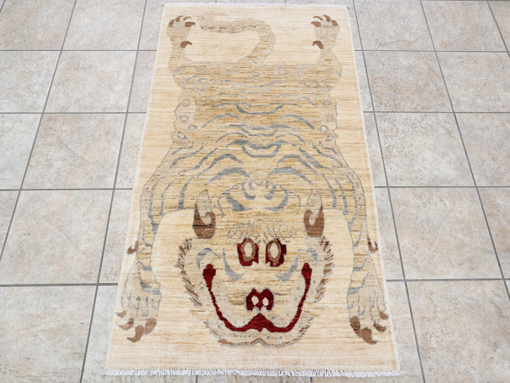 3x5 Ft Beige Tiger Rug - Hand Knotted Afghan Rug - Animal Design