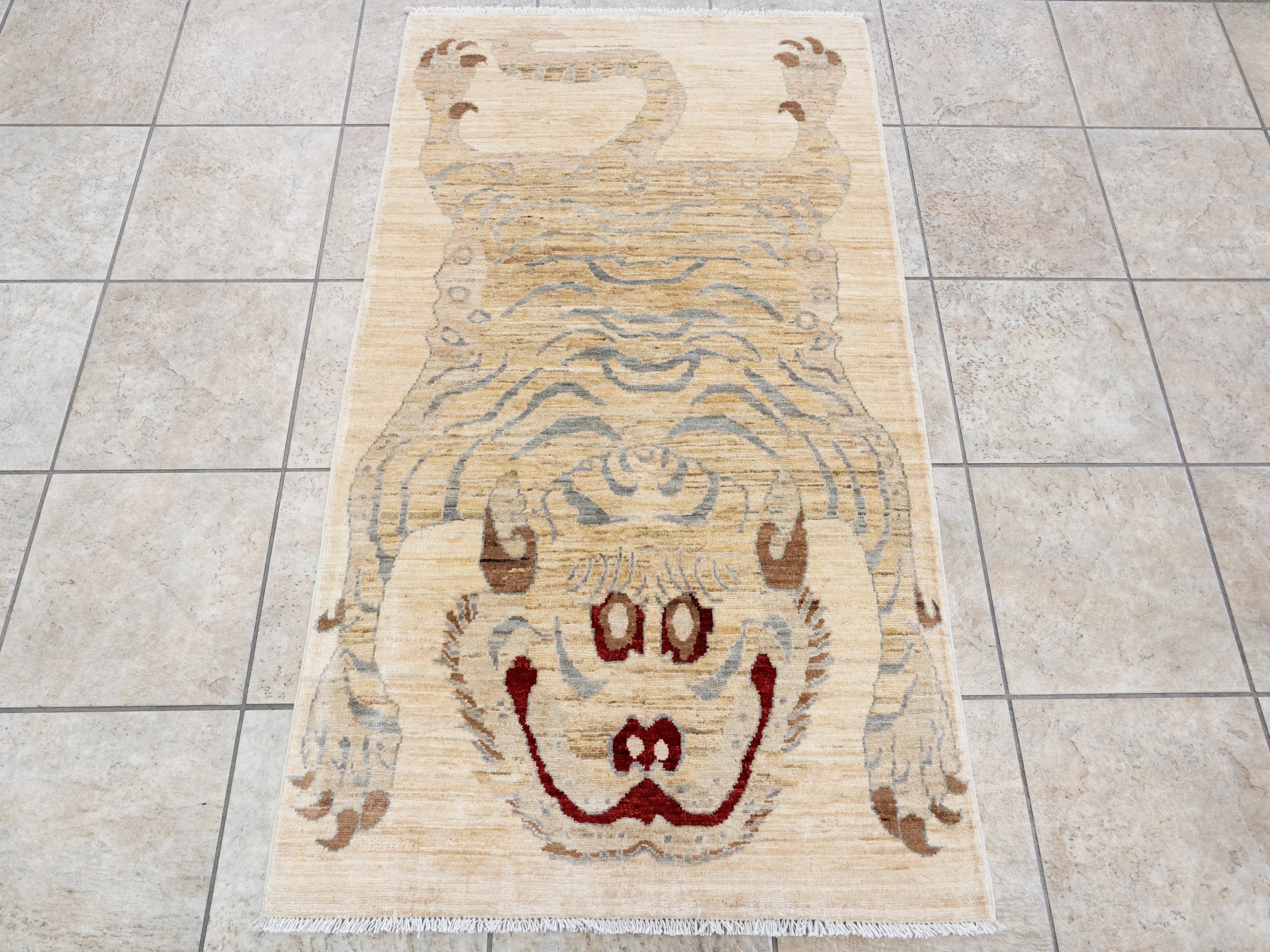 3x5 Ft Beige Tiger Rug - Hand Knotted Afghan Rug - Animal Design