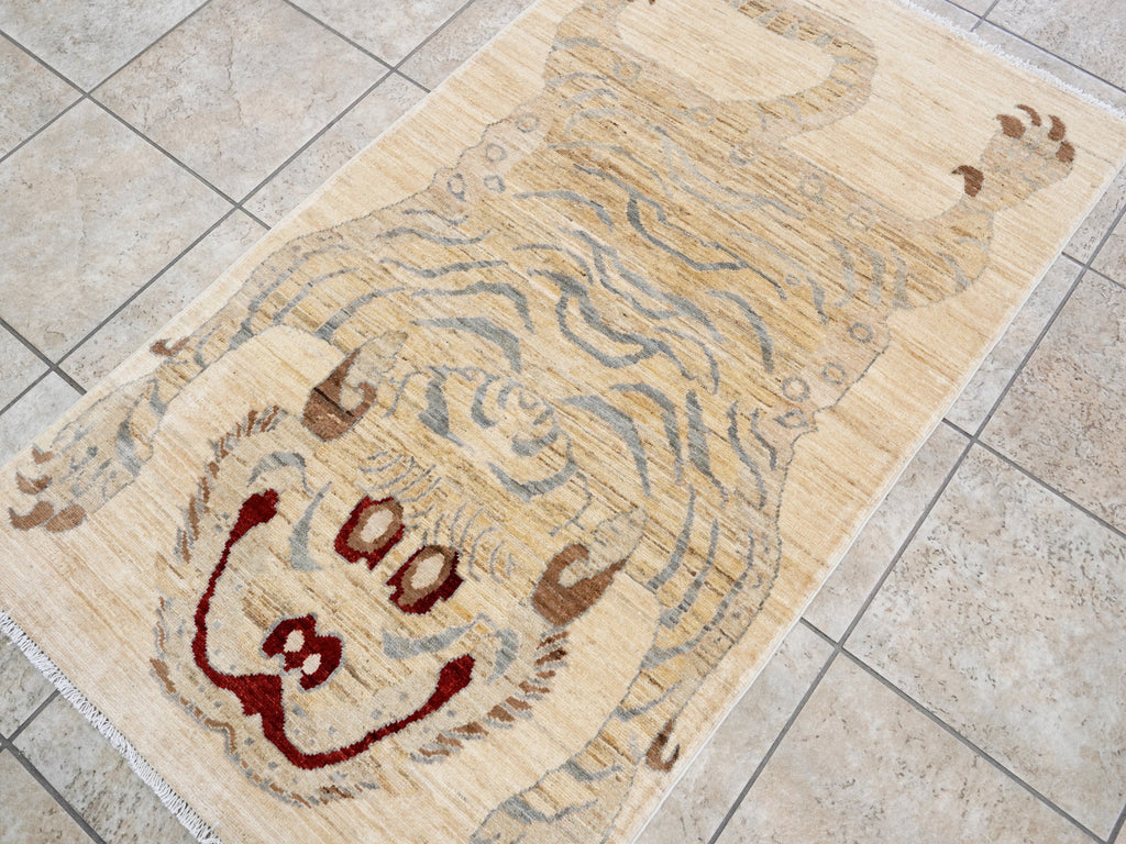 3x5 Ft Beige Tiger Rug - Hand Knotted Afghan Rug - Animal Design