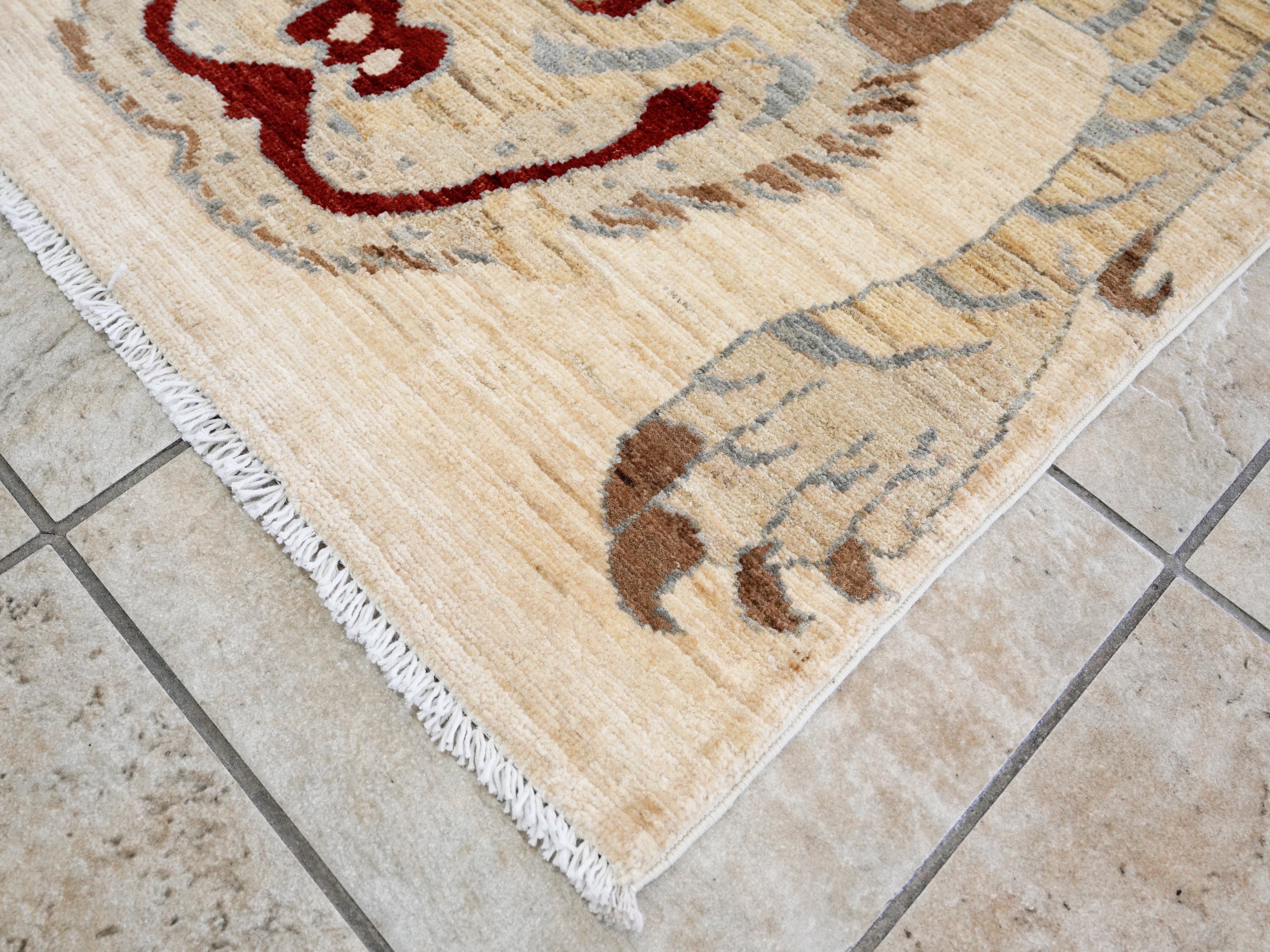 3x5 Ft Beige Tiger Rug - Hand Knotted Afghan Rug - Animal Design