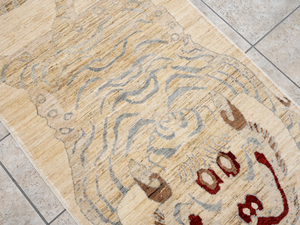 3x5 Ft Beige Tiger Rug - Hand Knotted Afghan Rug - Animal Design