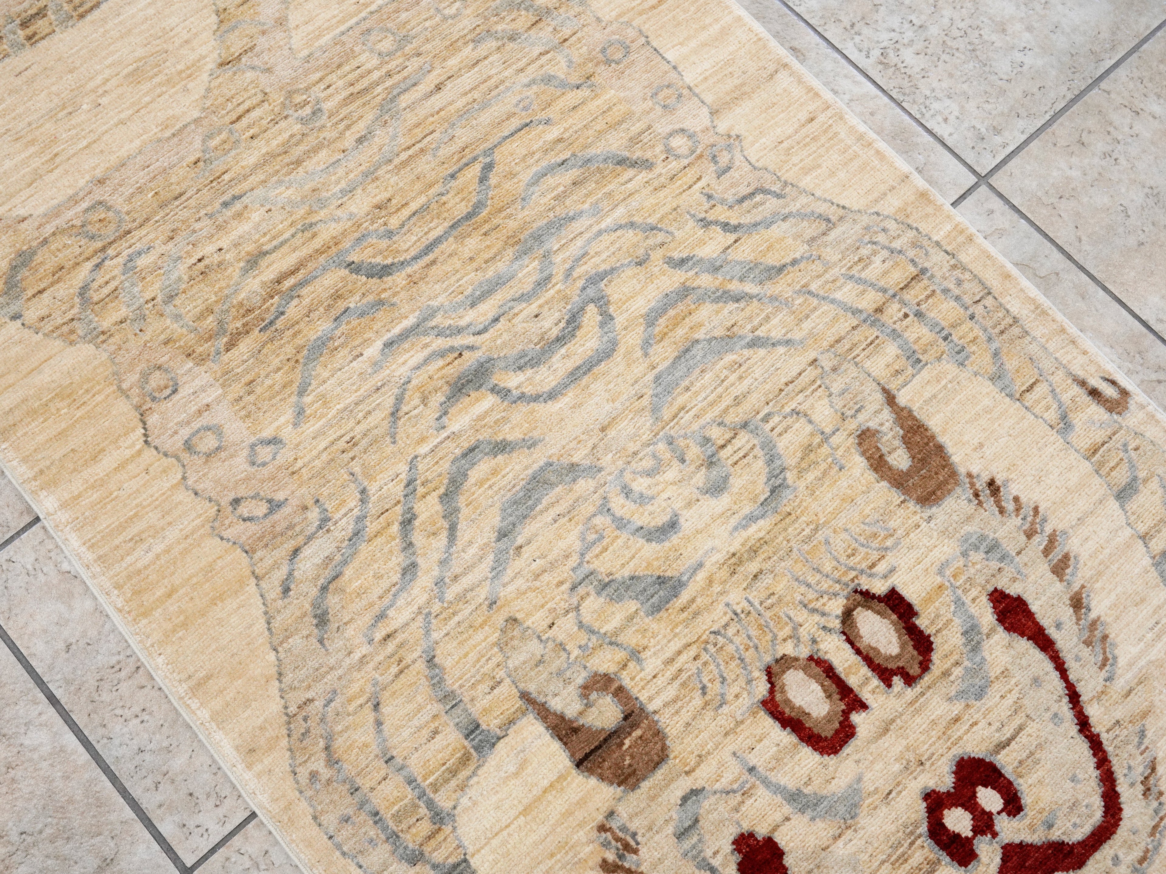 3x5 Ft Beige Tiger Rug - Hand Knotted Afghan Rug - Animal Design