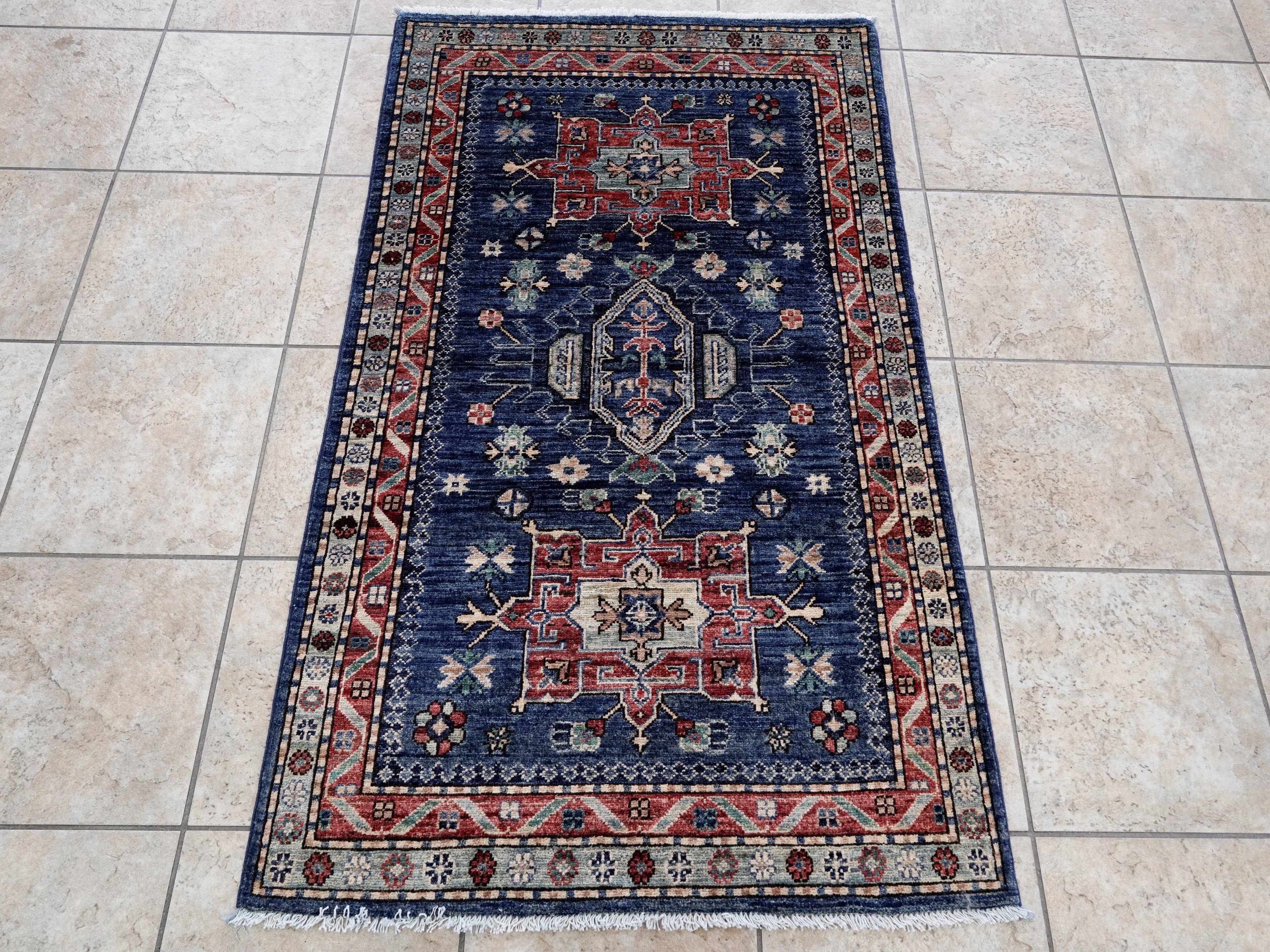 3x5 Ft Blue Afghan Oriental Rug - Hand Knotted Area Rug