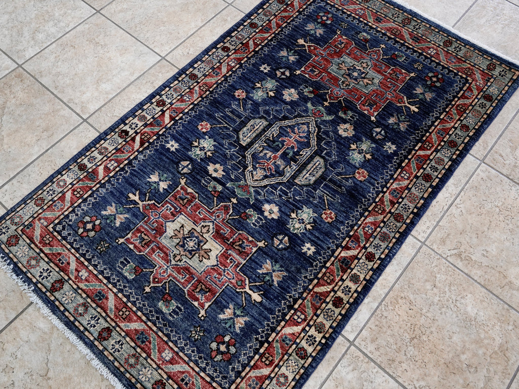 3x5 Ft Blue Afghan Oriental Rug - Hand Knotted Area Rug